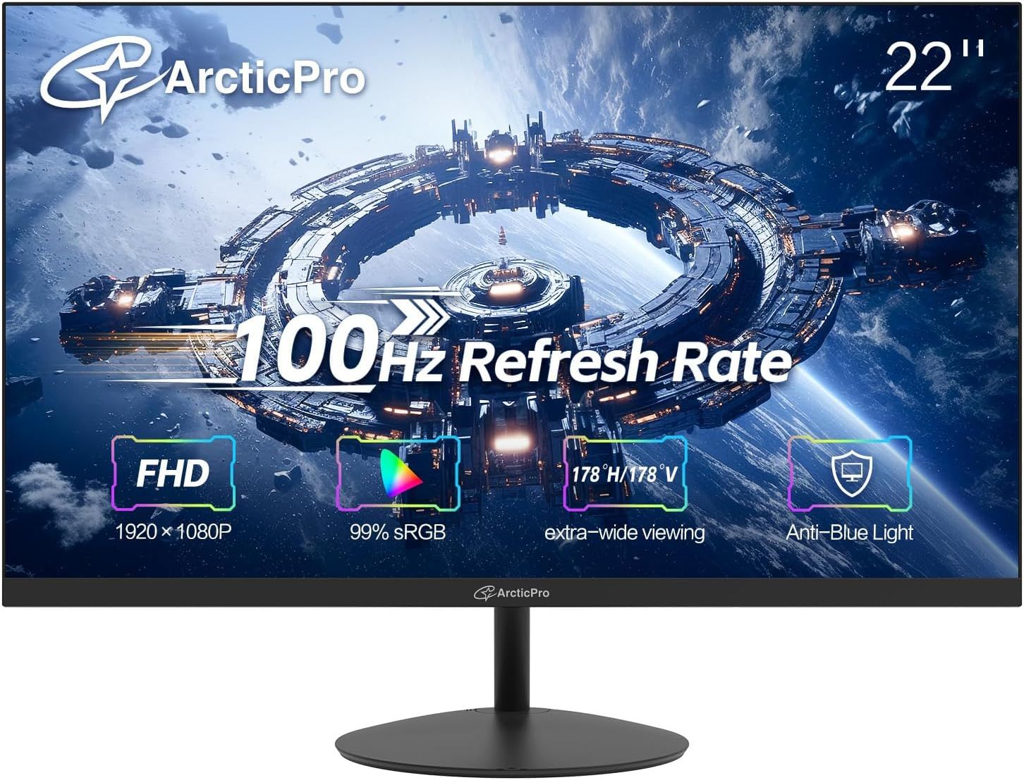 Displays the ArcticPro monitor as the core product with its key gaming and display specifications prominently featured to communicate its technical capabilities and screen size to potential buyers.…