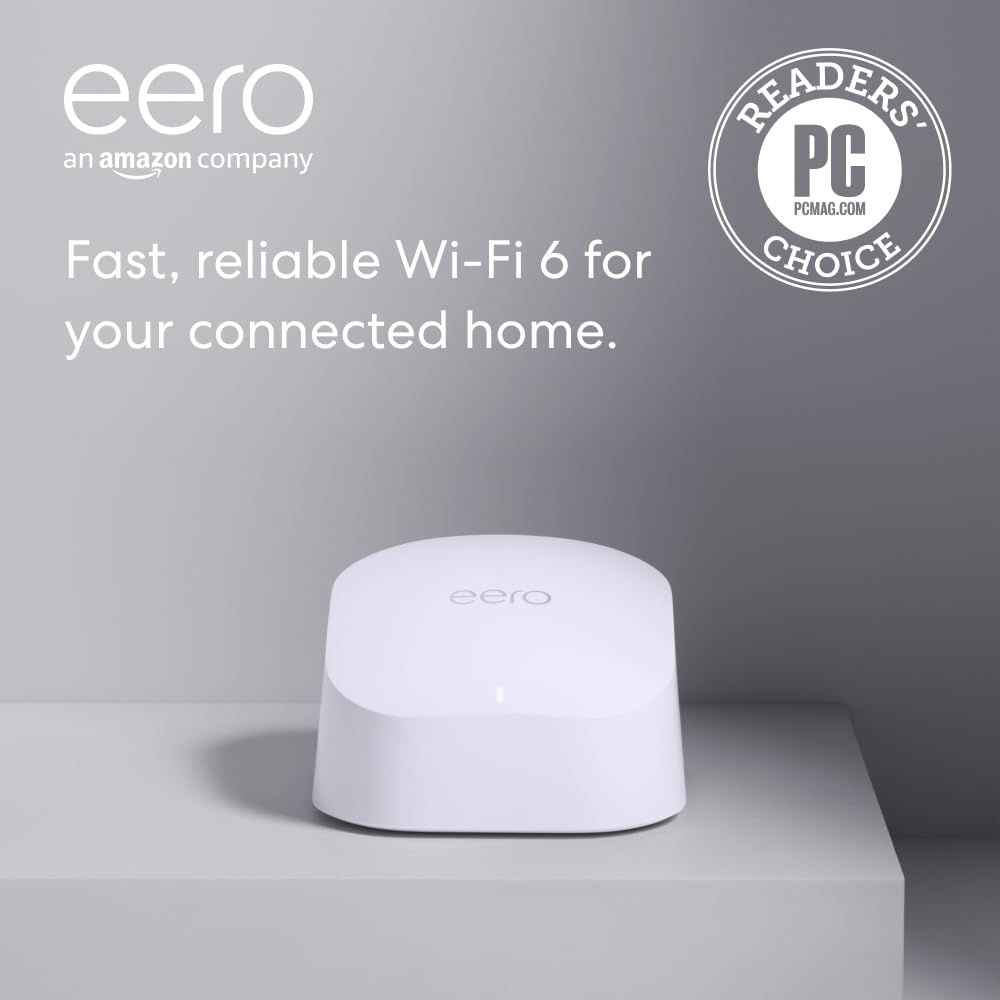 Showcases the eero Wi-Fi 6 router as a fast and reliable solution for connected homes, emphasizing its award-winning status with the PC Mag Readers Choice badge to build trust and credibility.…
