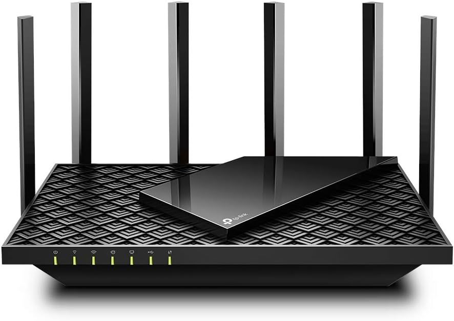 Displays the core product clearly on a white background to show the router's design, six external antennas for enhanced coverage, and front LED status indicators.