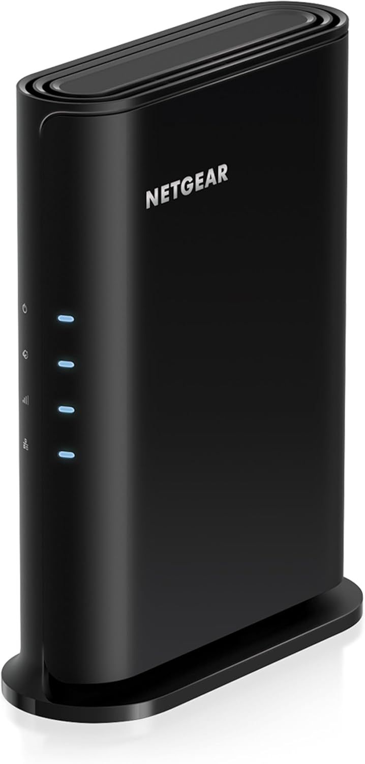Displays the NETGEAR router in a clean catalog style to show its sleek vertical tower form factor and LED status lights, helping shoppers understand the physical appearance and design of the…