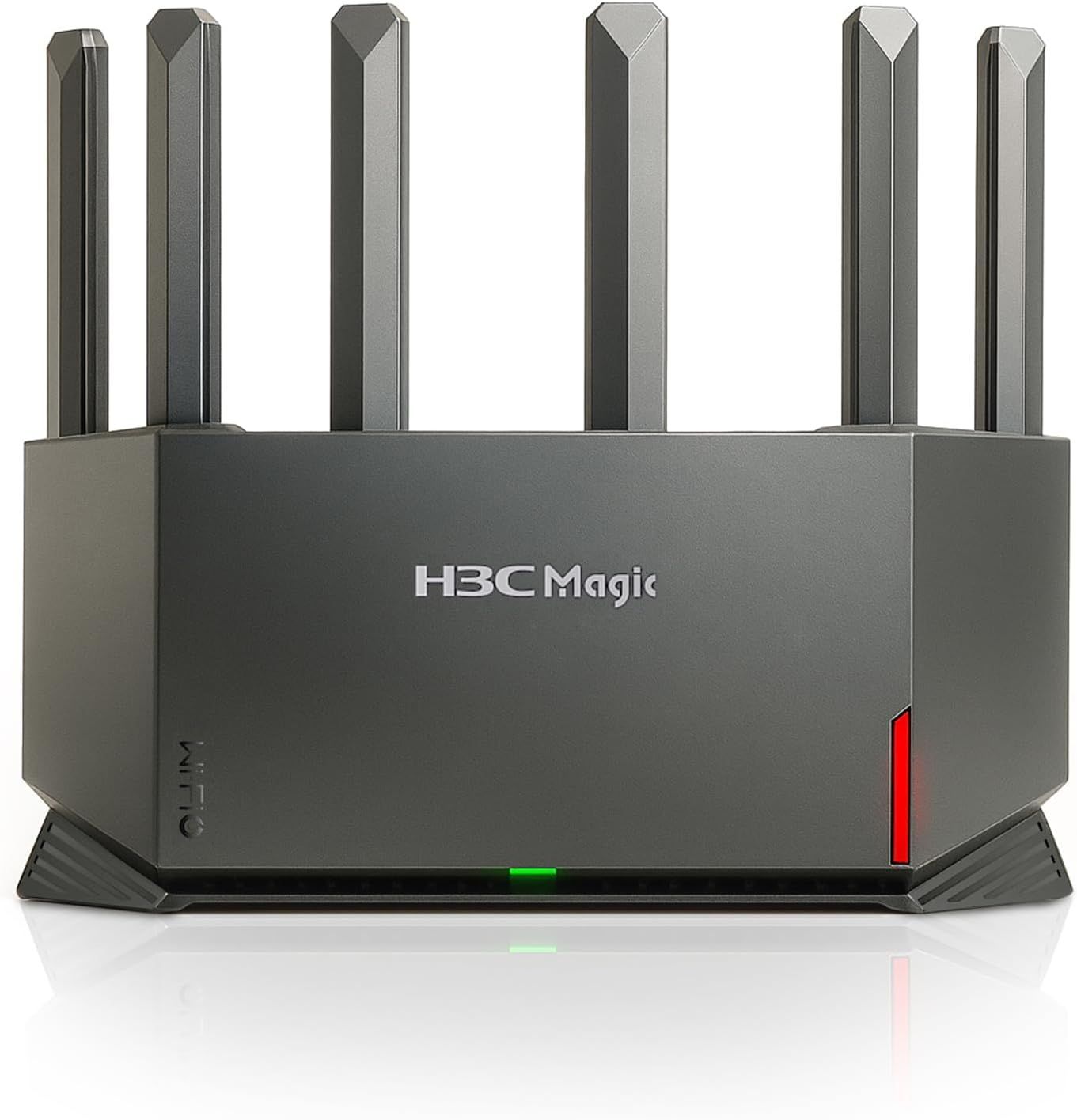 Displays the core product, an H3C Magic WiFi router with six external antennas, to communicate its powerful connectivity capabilities and premium design to shoppers. Uses a subtle reflection beneath…