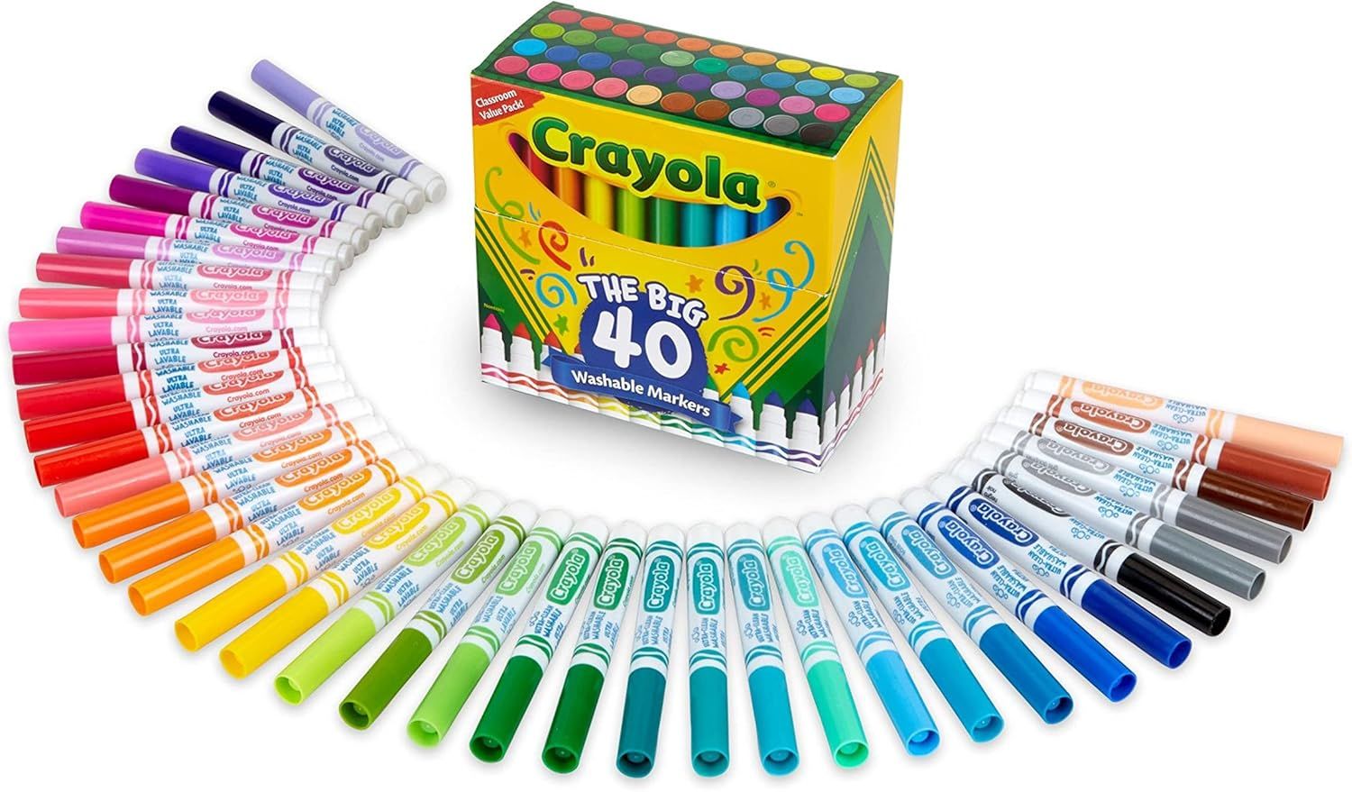 Shows the complete set of 40 washable markers in all available colors, demonstrating the variety and quantity included in the purchase to help shoppers understand the full value of the product.…