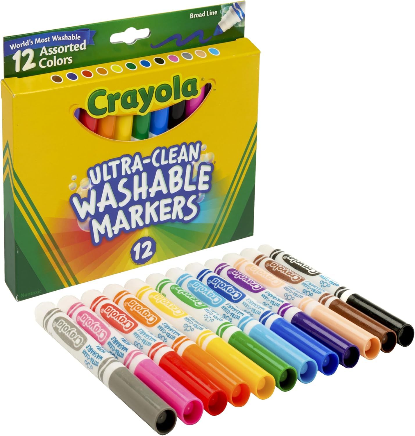 Shows the complete Crayola washable markers set with all 12 colors displayed alongside the retail packaging to communicate the product variety and washable feature. Displays the physical retail…