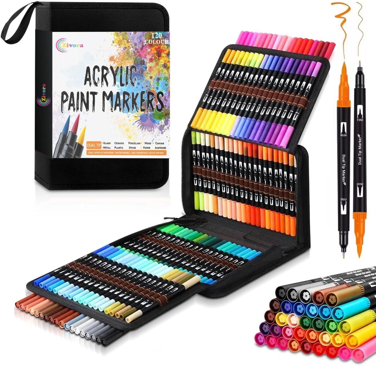 Displays the complete acrylic paint marker set with all 120 colors visible in an organized case, showing the variety and organization to help shoppers understand the full scope of what they are…