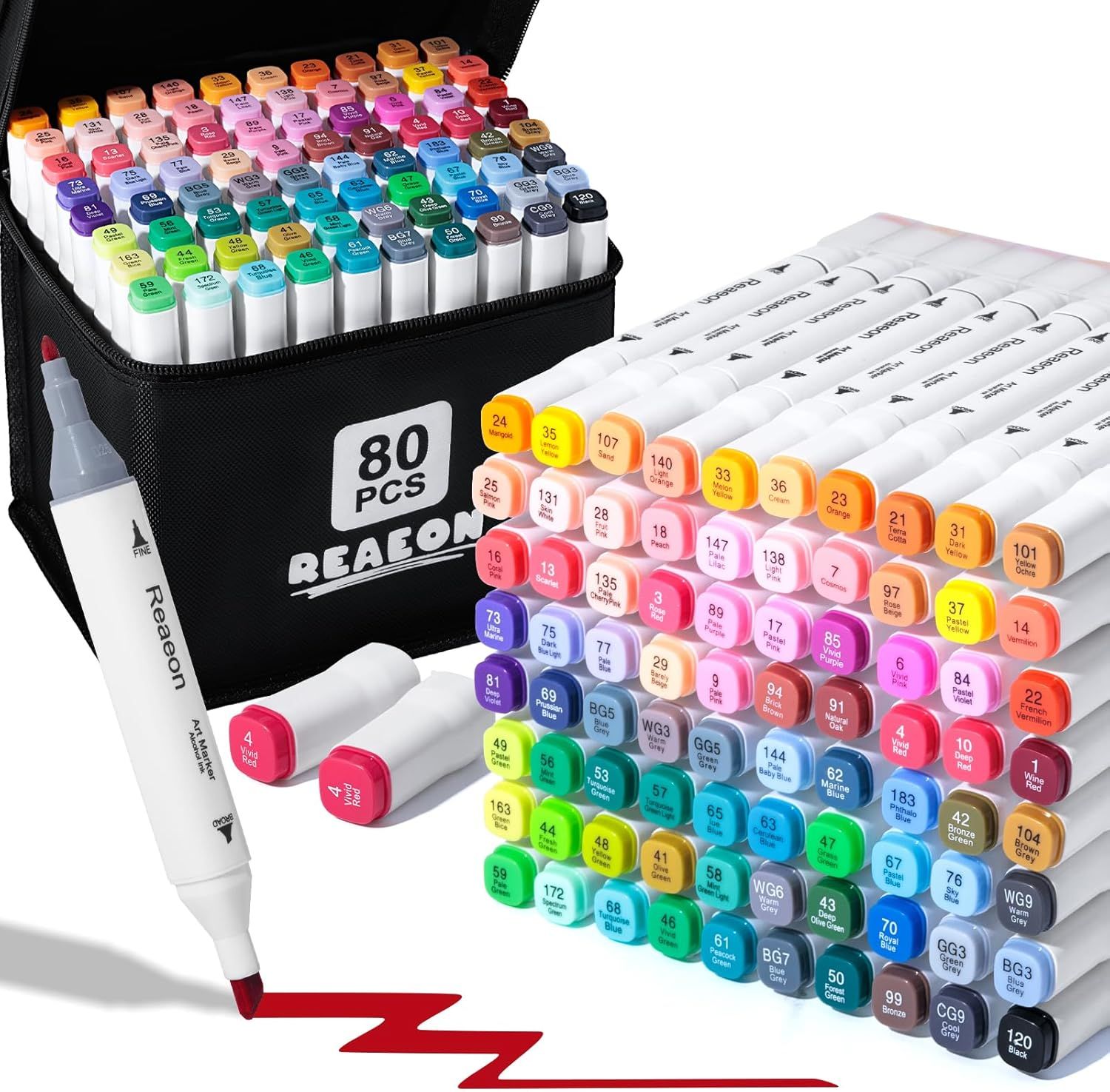 Displays the complete 80-piece marker set with full color range and organized storage case to show shoppers the comprehensive selection and quantity they will receive. Shows that the marker set…
