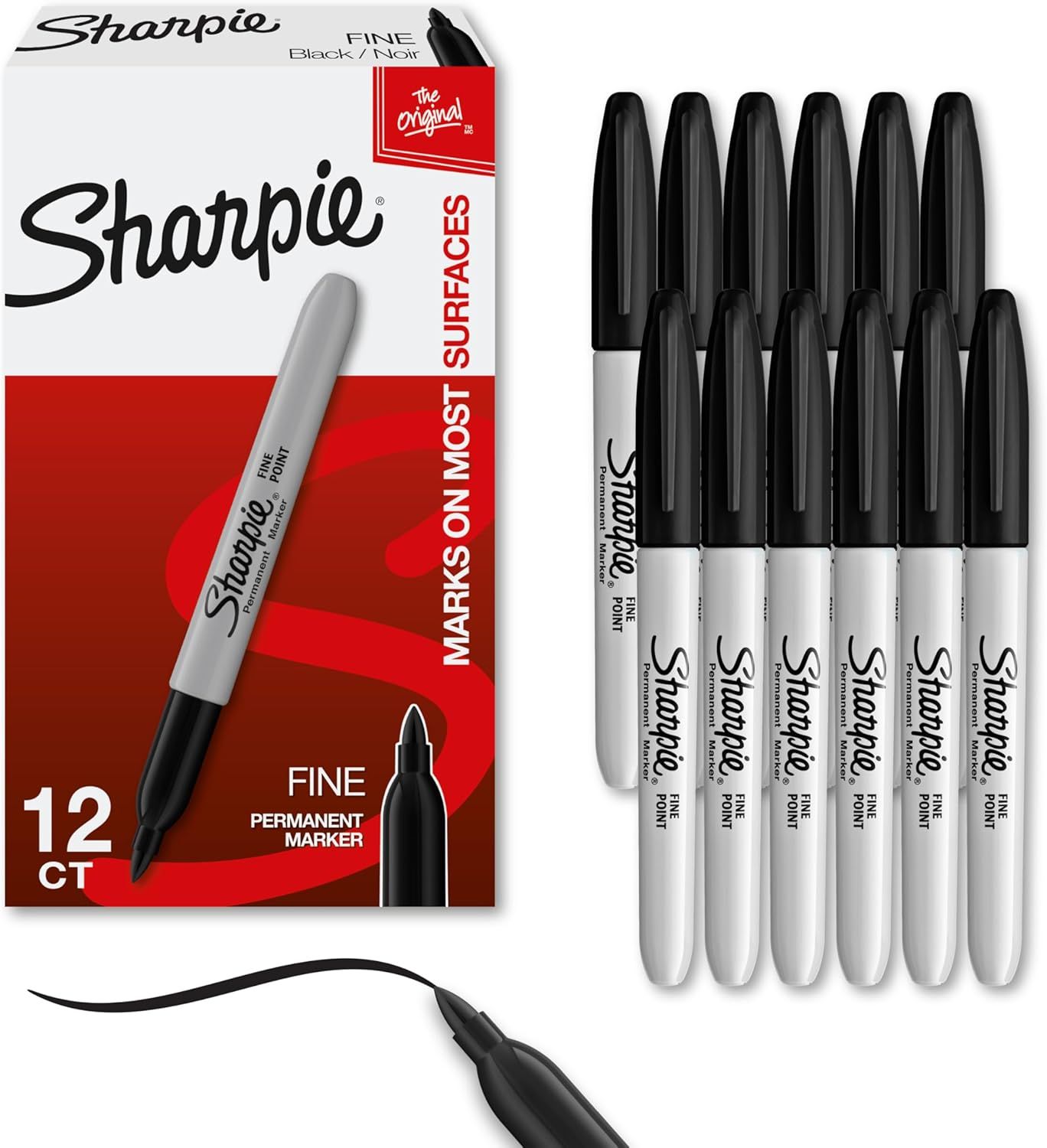 Shows the complete product offering—both the retail packaging and the full set of 12 Sharpie markers—to communicate quantity, brand, and product type clearly to the shopper. Displays the physical…