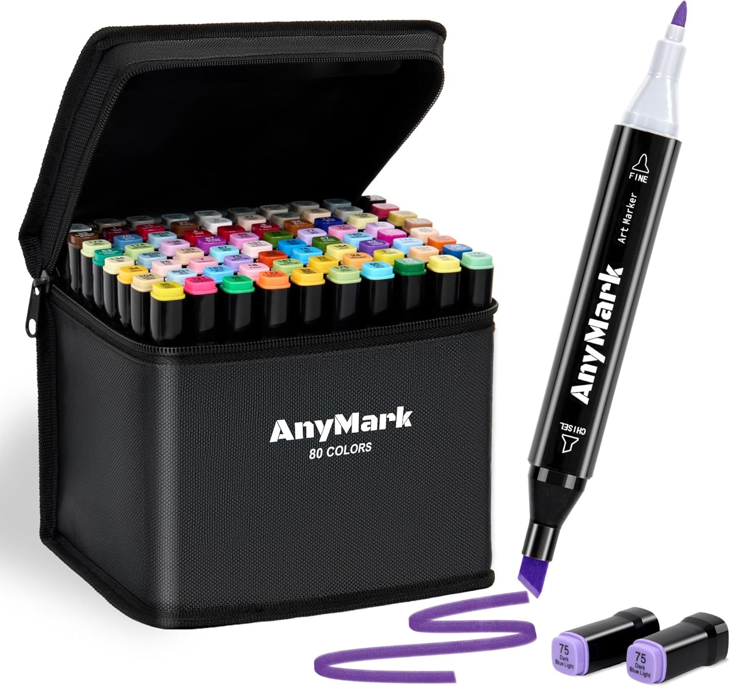 Displays the complete marker set with carrying case to show the variety of colors available and the organized storage solution, reassuring buyers they are getting a comprehensive art supply kit.…