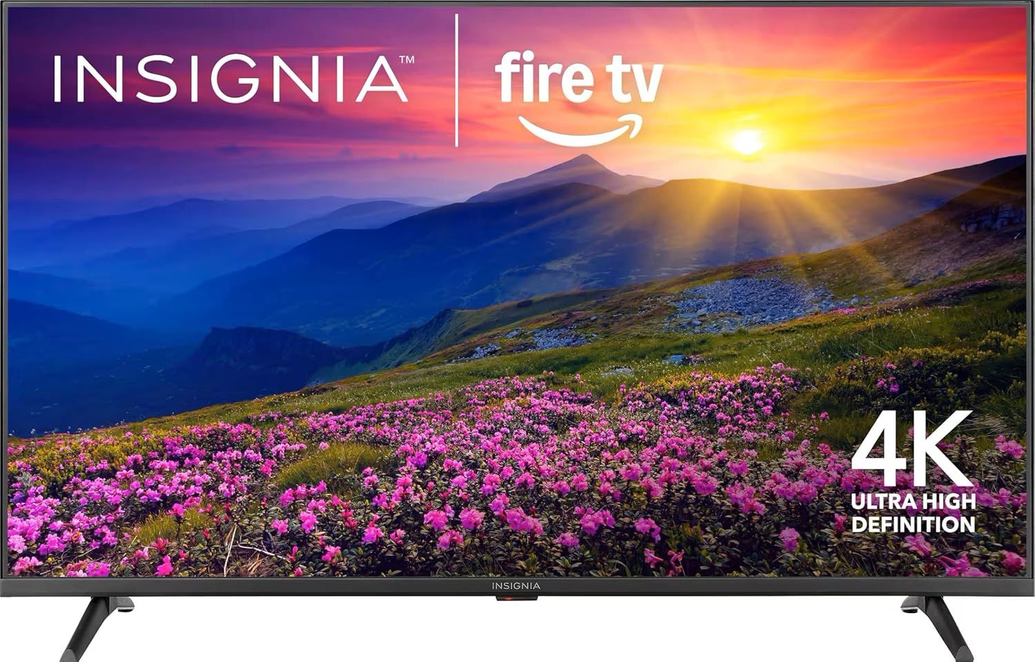 Shows the Insignia Fire TV as the core product with a vibrant scenic display to communicate the visual quality and Fire TV integration. Uses a clean white background with subtle shadows beneath the…