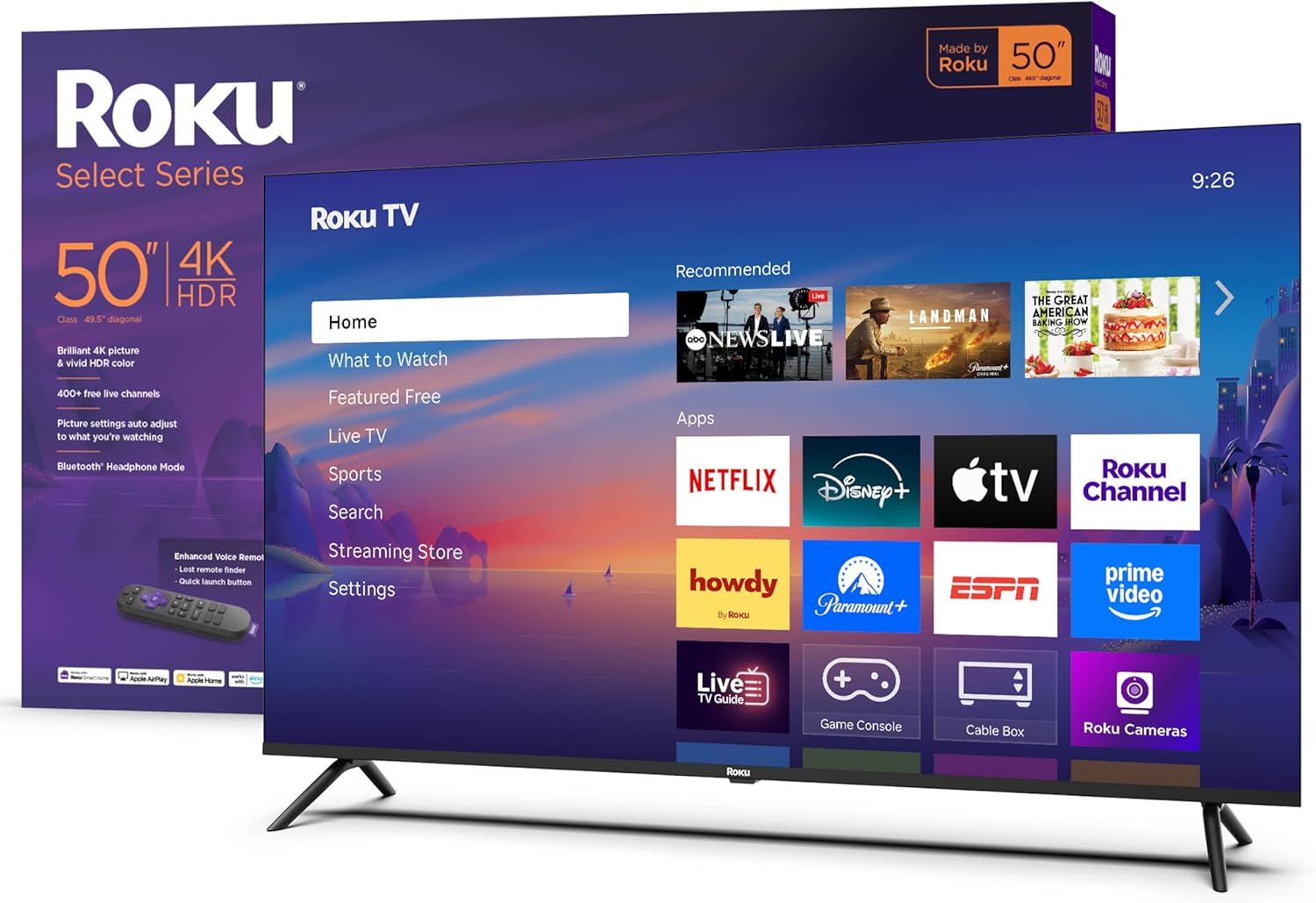 Shows the core product—a Roku Select Series 50-inch 4K TV—displaying its interface to communicate the smart TV capabilities and streaming ecosystem to shoppers. Displays the retail packaging…