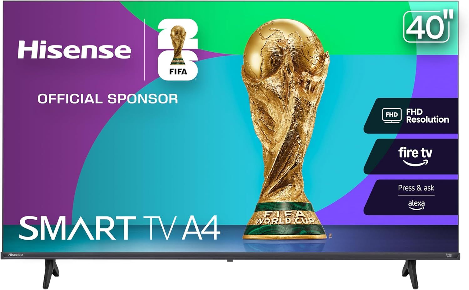 Displays the Hisense Smart TV A4 as the core product, showcasing its screen size, smart features, and FIFA World Cup sponsorship branding to communicate value and entertainment capabilities. Shows…