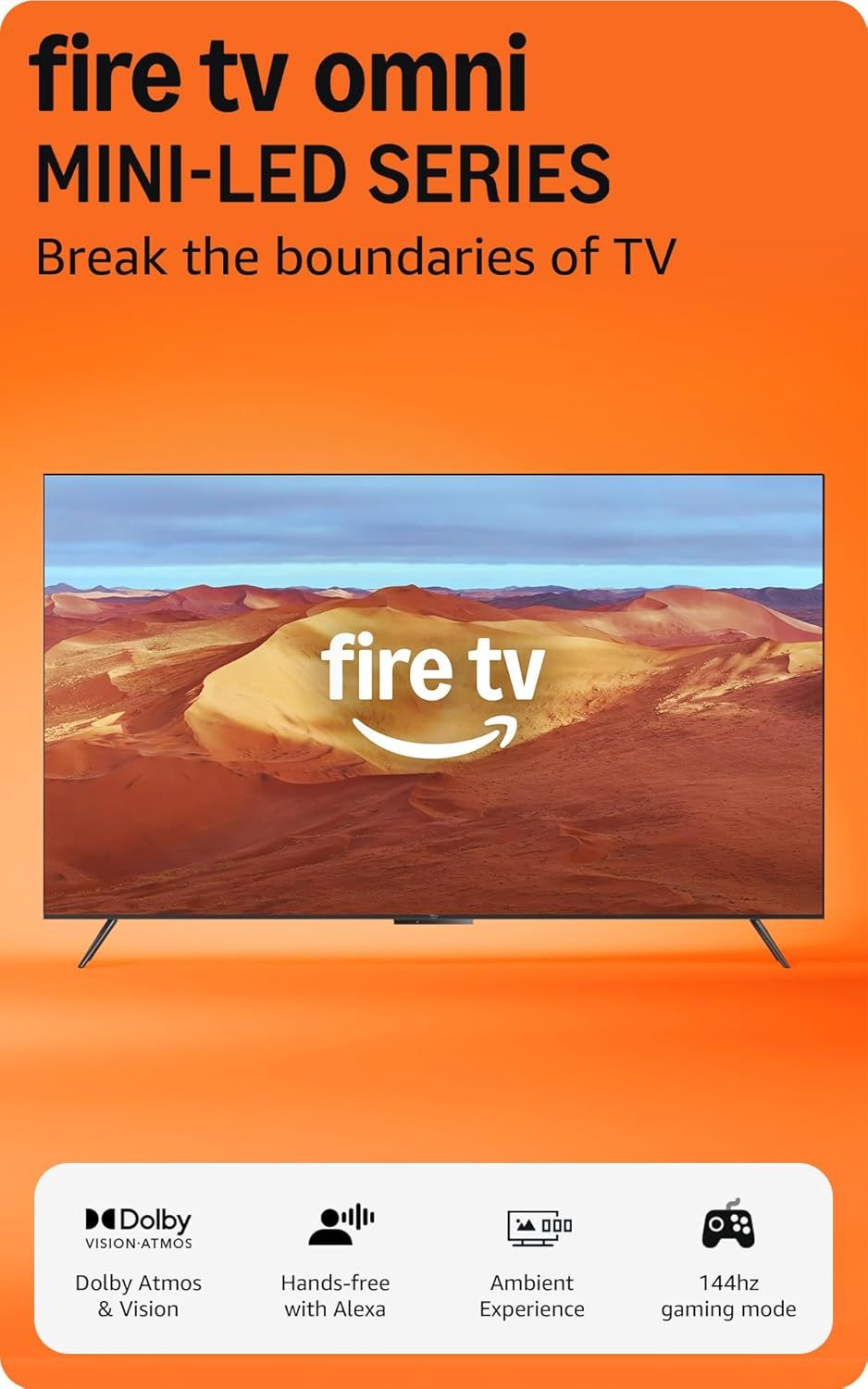Showcases the Fire TV Omni Mini-LED Series television as the core product with key features highlighted at the bottom to communicate its premium capabilities and smart functionality. Uses graphic…
