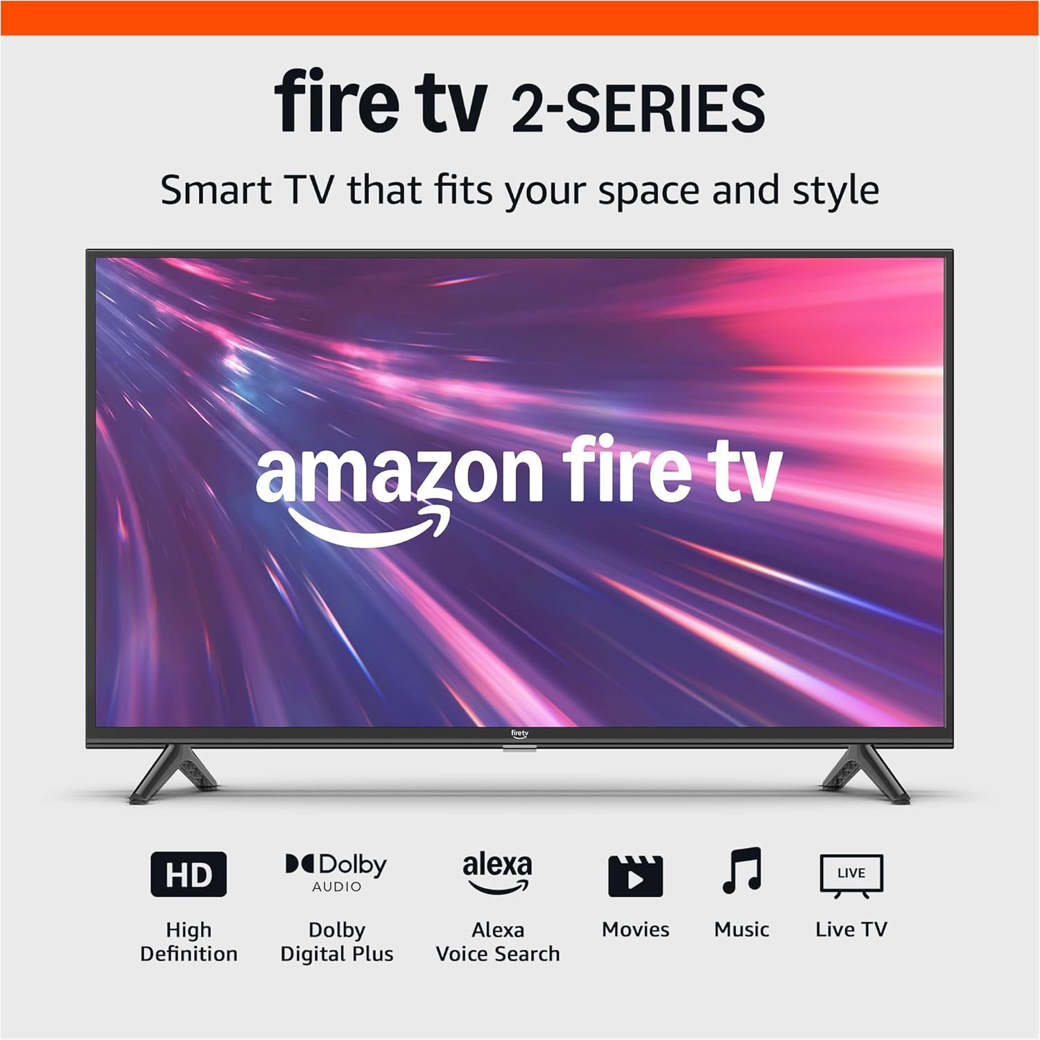 Showcases the Fire TV 2-Series as a complete smart TV solution with key features highlighted below, communicating its versatility and value to shoppers looking for an all-in-one entertainment…