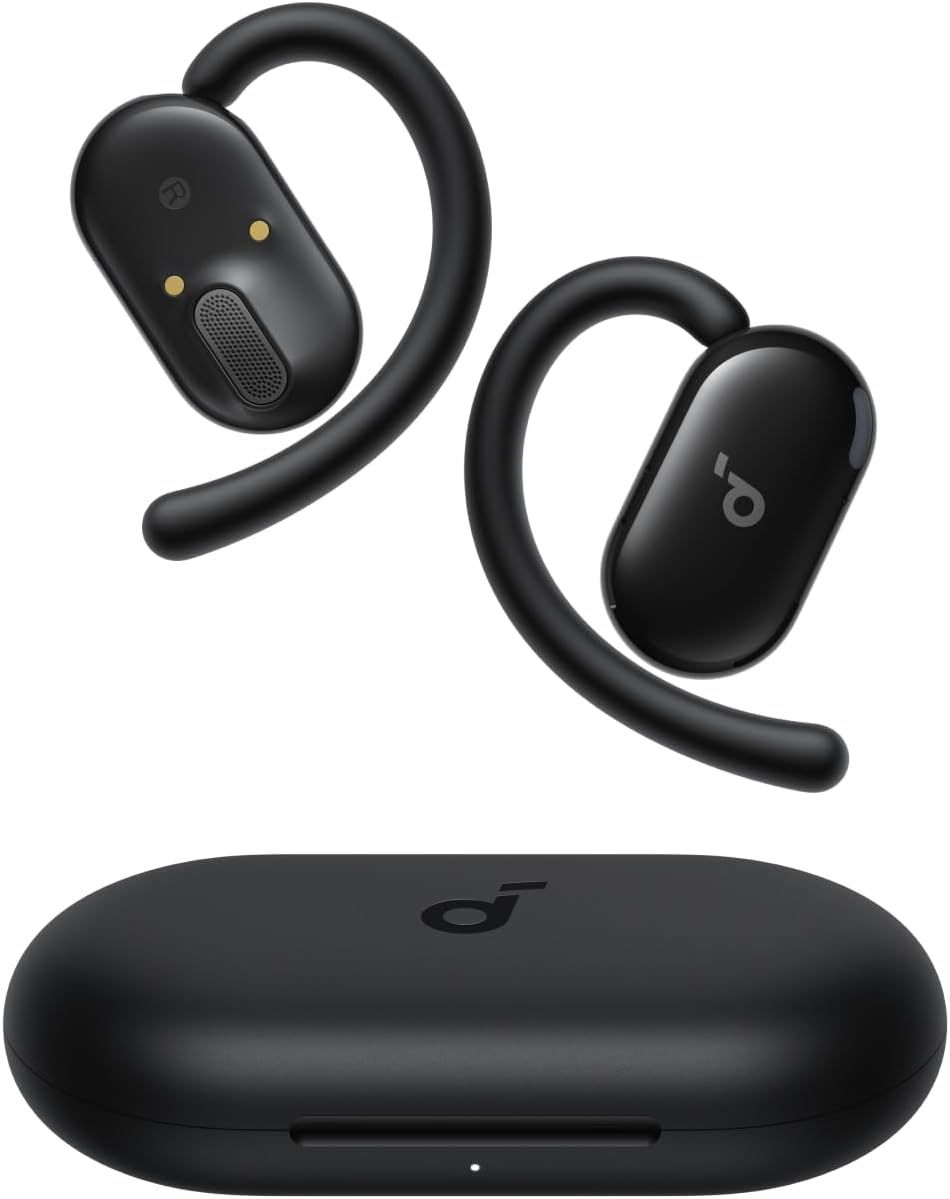 Displays the core product—a pair of wireless earbuds with secure-fit ear hooks and their charging case—to show shoppers exactly what they will receive. Shows the included charging case to reassure…