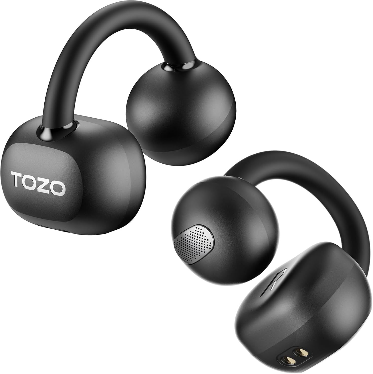 Displays the core product clearly on a white background to show the design, form factor, and branding of the wireless earbuds with secure-fit ear hooks.