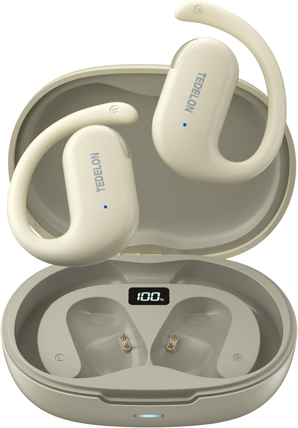 Shows the core product - wireless sport earbuds with secure ear hooks and their charging case featuring a digital battery percentage display, communicating the complete package the buyer receives.…