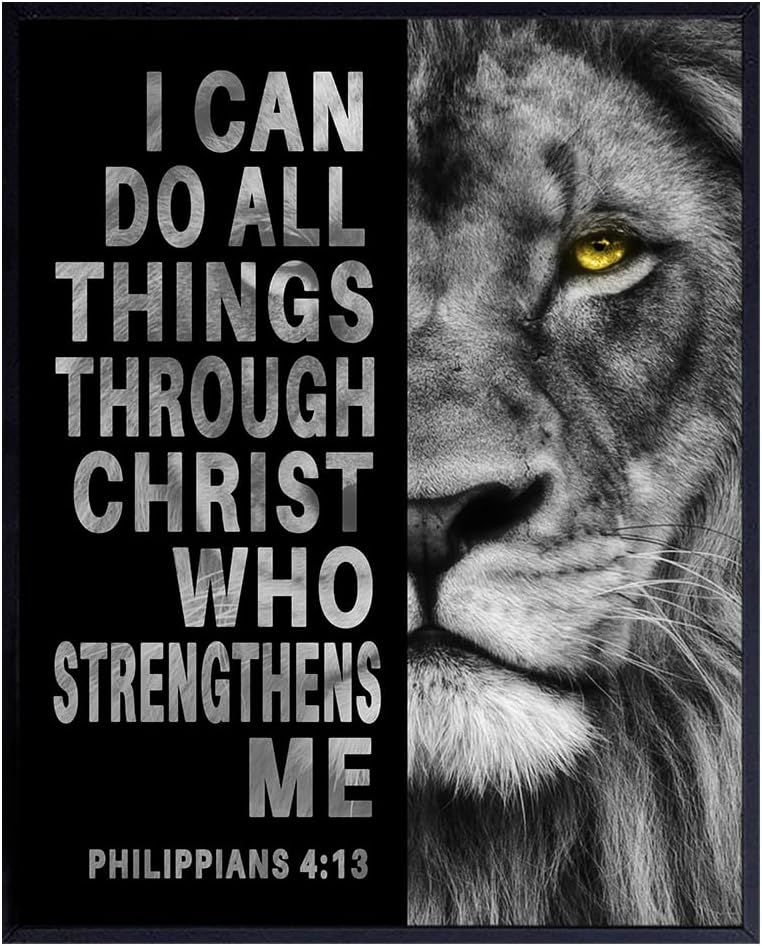 Uses a black background to create dramatic visual impact and emphasize the strength and power symbolism of the lion imagery paired with the inspirational message. Combines motivational religious…