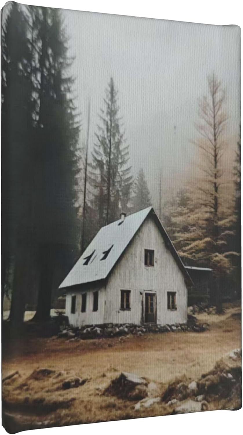 Displays the core product, a canvas print featuring a moody forest cabin scene, to show shoppers the visual aesthetic and subject matter they will receive.
