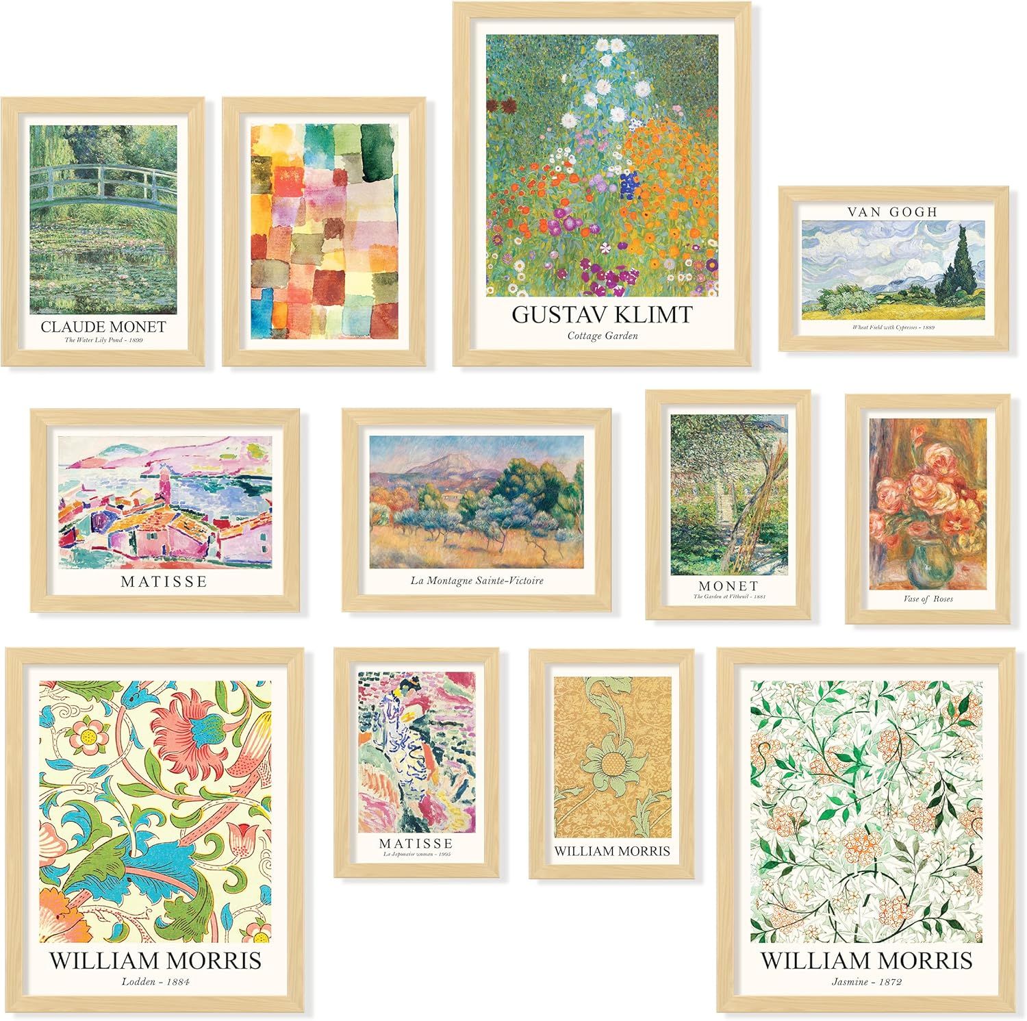 Displays the core sellable product—a collection of framed art prints featuring famous artworks by Monet, Van Gogh, Klimt, Matisse, and William Morris—allowing shoppers to see the variety and style…