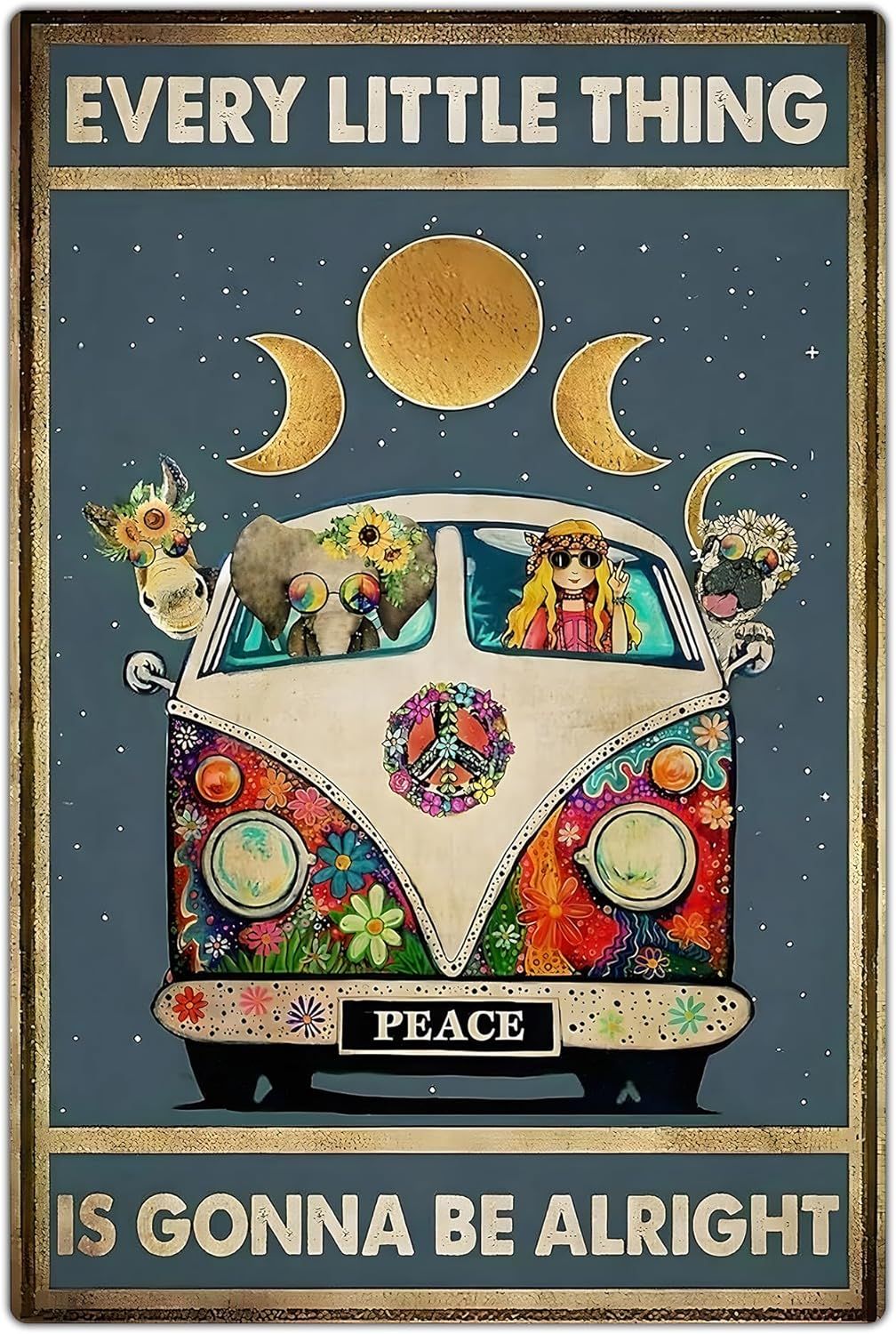 Displays the framed poster as the core product with its complete design, including the hippie van, moon phases, and motivational text to show shoppers exactly what they will receive.