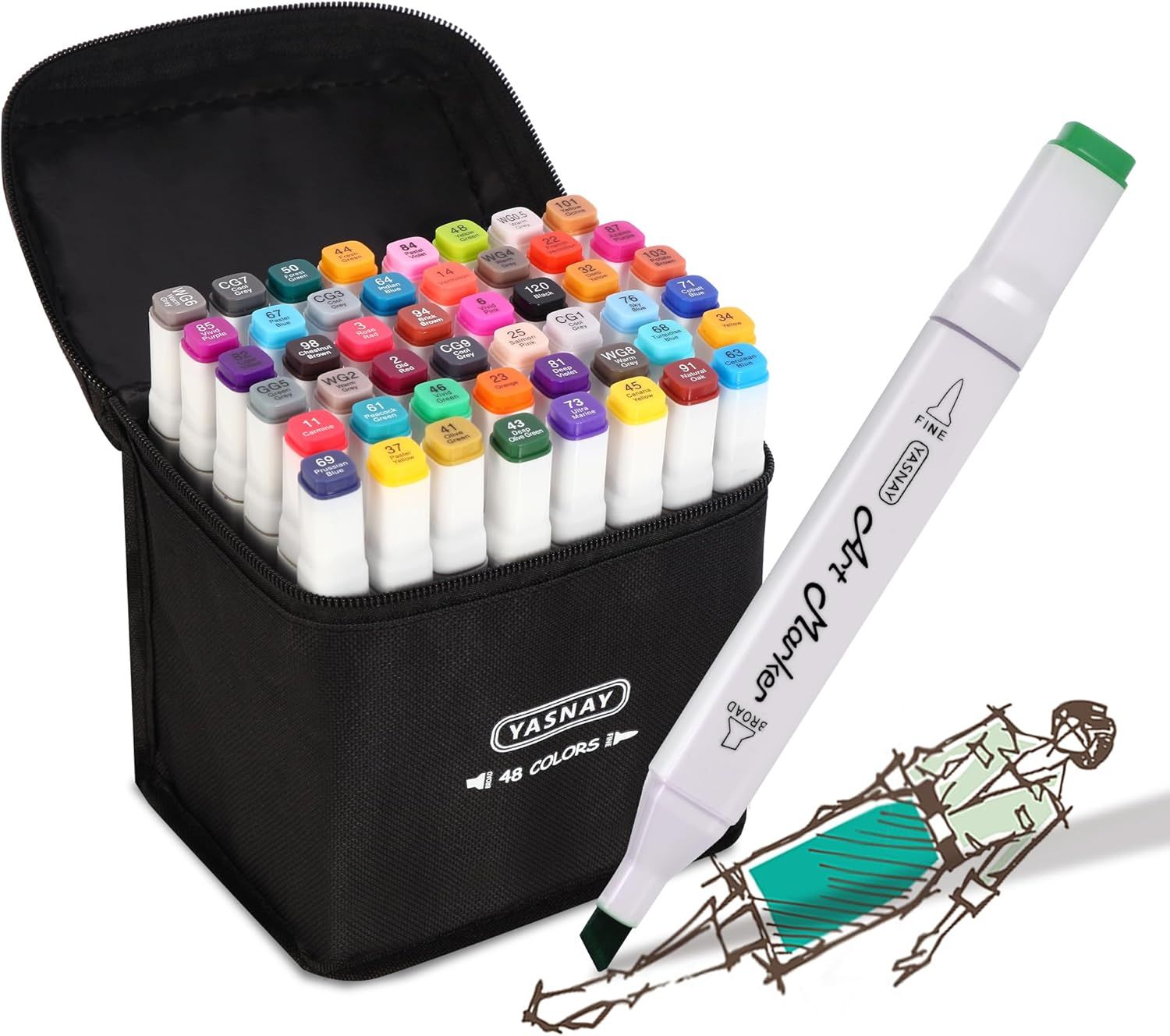 Shows the complete marker set with all 48 colors organized in their storage case, demonstrating the variety and organization of the product to help shoppers understand what they will receive.…