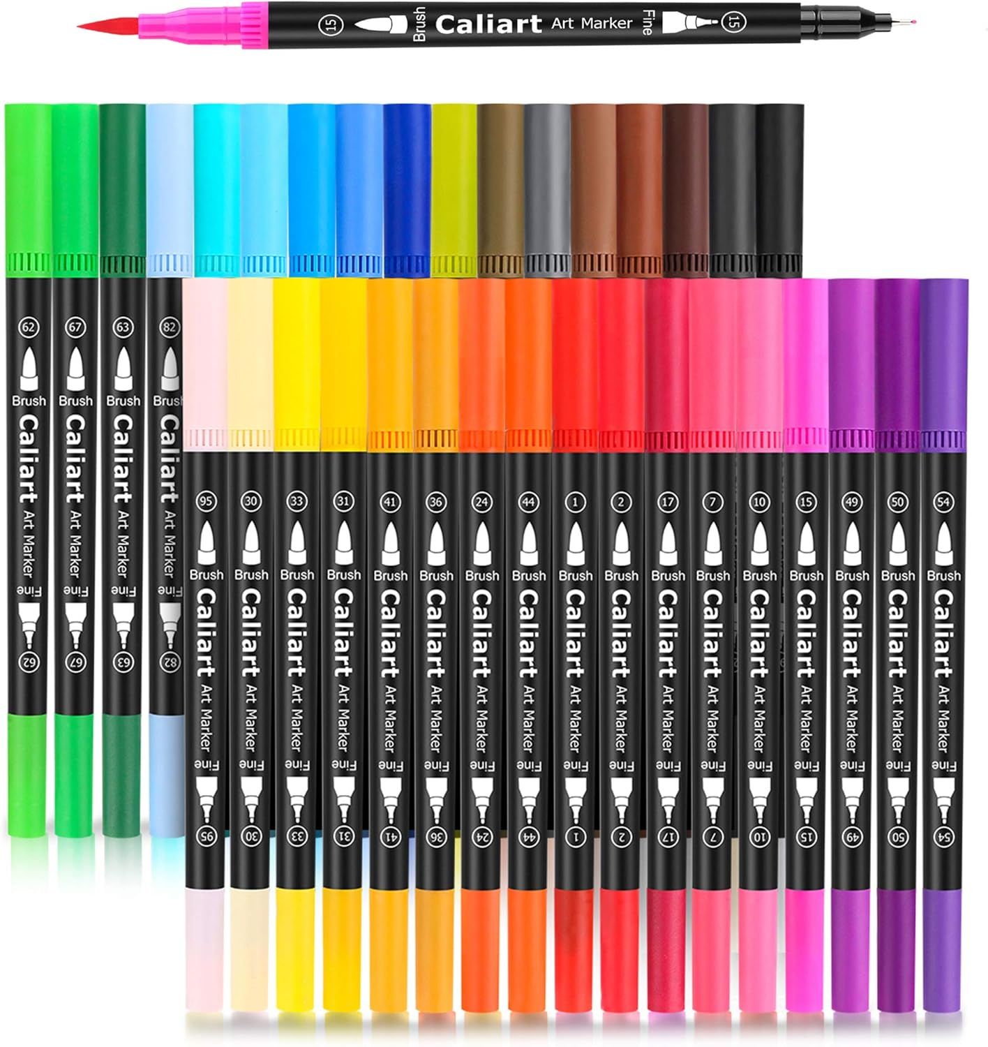 Showcases the full set of Caliart Art Markers with extensive color variety and dual brush/fine tip functionality to demonstrate the comprehensive creative options available to artists. Displays the…