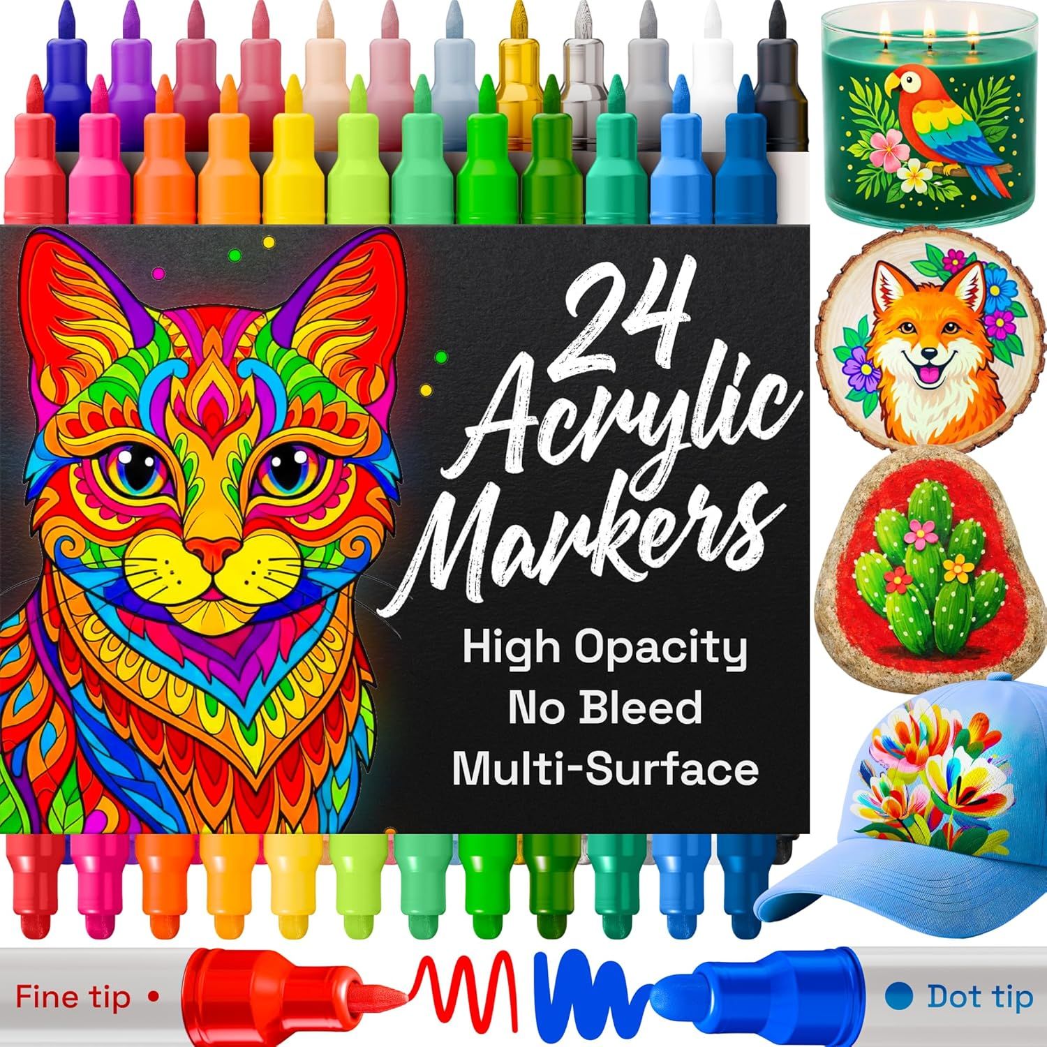 Showcases the complete set of 24 colorful acrylic markers with their key features and demonstrates their versatility through example artwork on various surfaces like candles, wood, rocks, and…