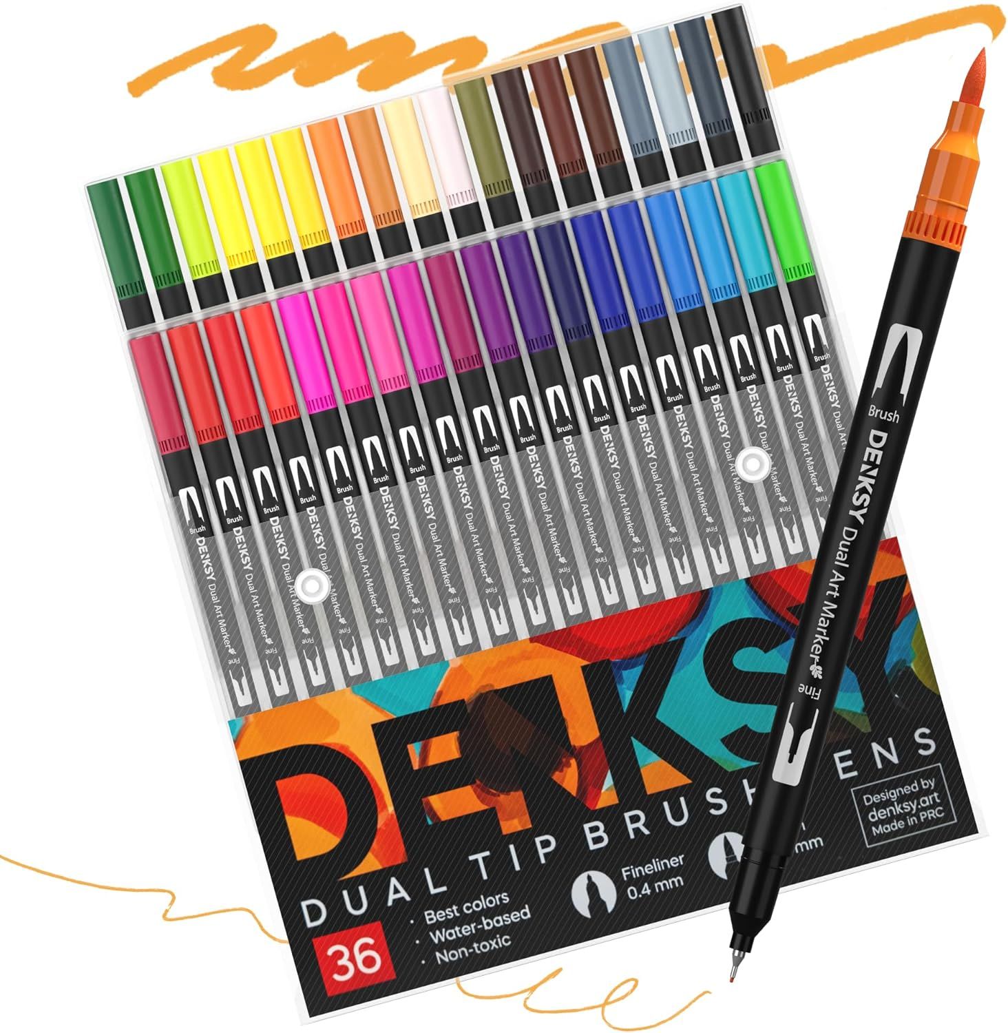 Displays the complete set of 36 dual-tip brush pens in their full color range, showing the core sellable product clearly to help shoppers understand what they are purchasing. Uses colorful…