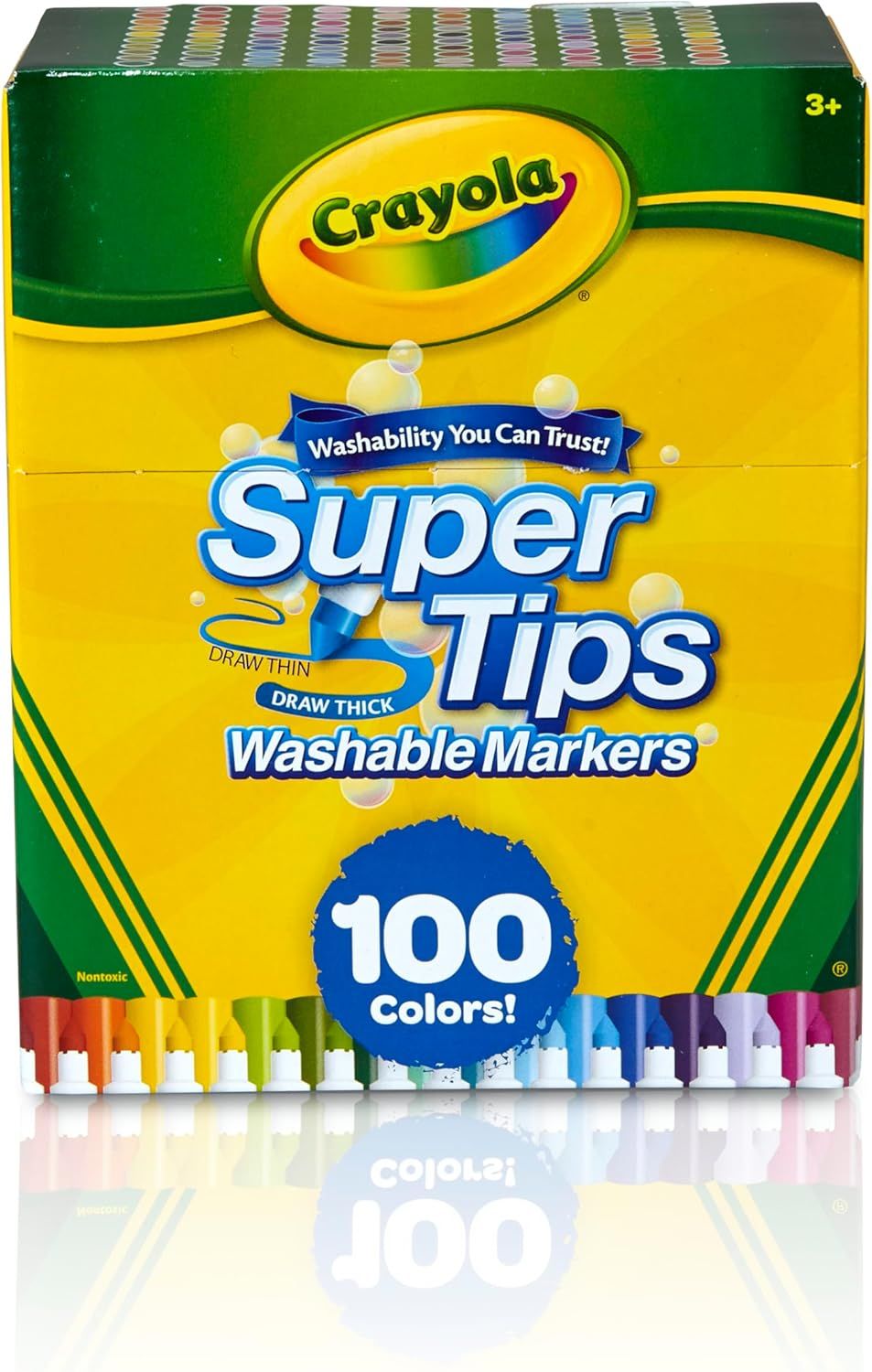 Shows the actual retail packaging the buyer will receive, featuring the Crayola brand and product details to build trust and set expectations for what arrives. Uses a drop shadow and reflection…