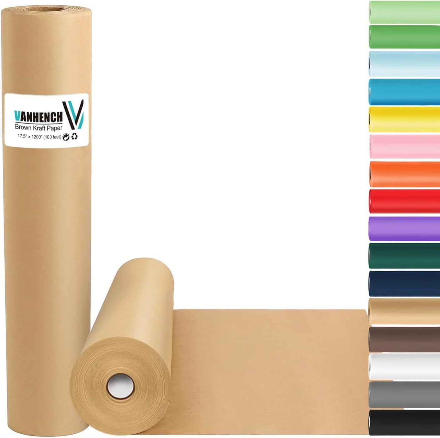 Shows the core product (brown kraft paper roll) in multiple forms (standing roll, small roll, and flat sheet) to communicate the product format and versatility, while displaying available color…