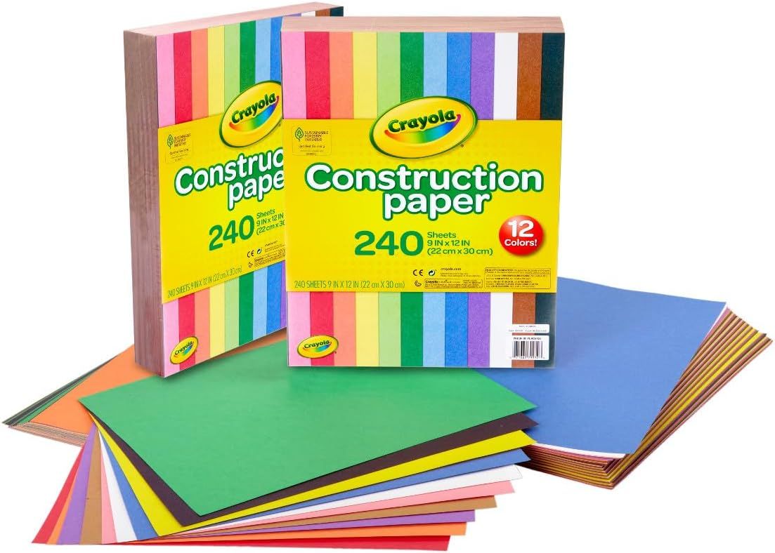 Shows the Crayola construction paper product with its packaging and the variety of colorful sheets included, communicating the quantity and color options available to shoppers. Displays the retail…