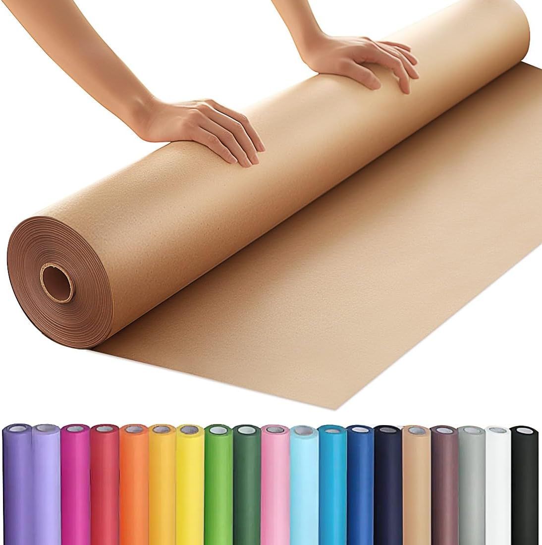 Shows the core product—a roll of craft paper—being unrolled by hands to demonstrate its size and usability, while displaying the full range of available color variations. Displays the wide variety…