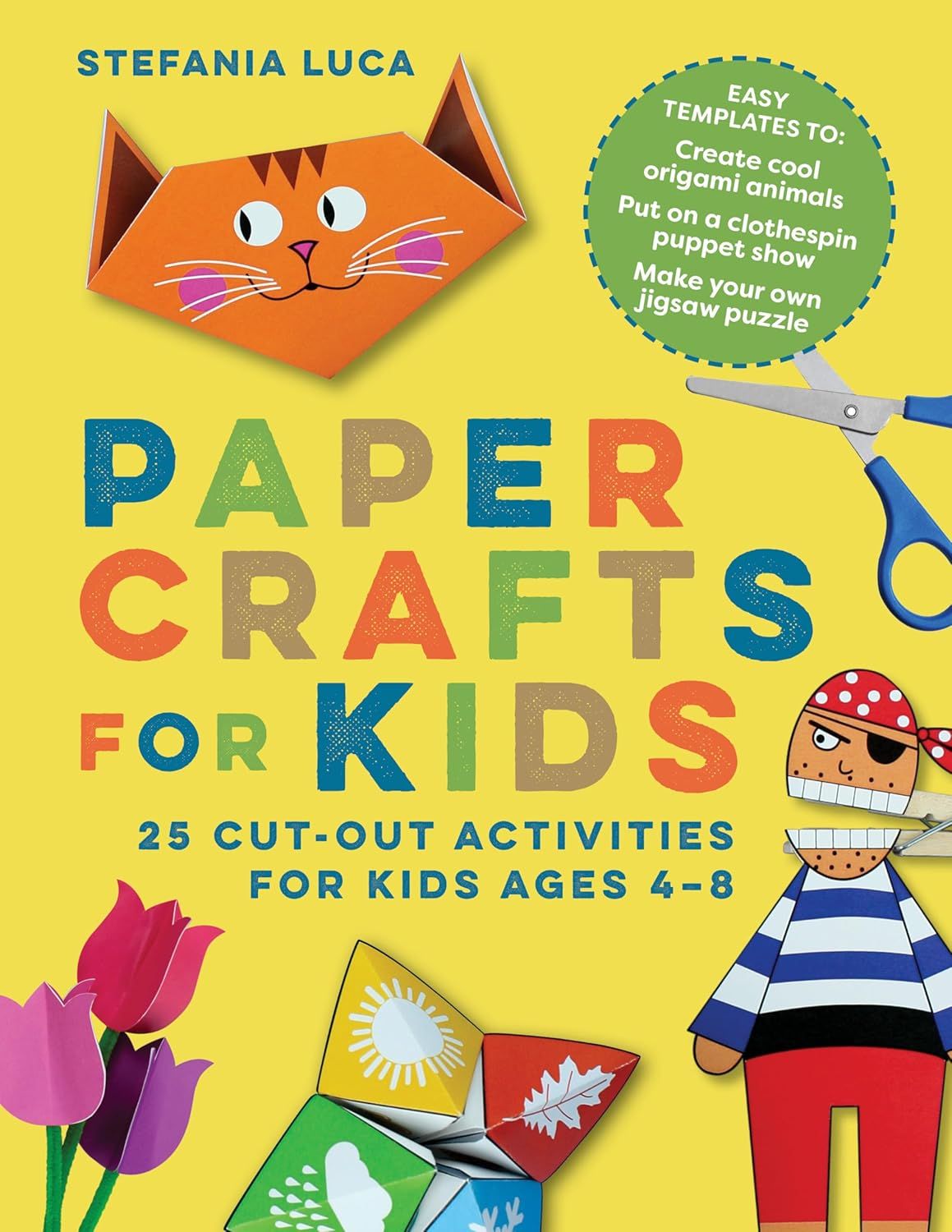 Shows the core product, a children's paper crafts activity book, displaying the title, author, and sample craft projects to communicate what the buyer will receive. Uses added visual elements…