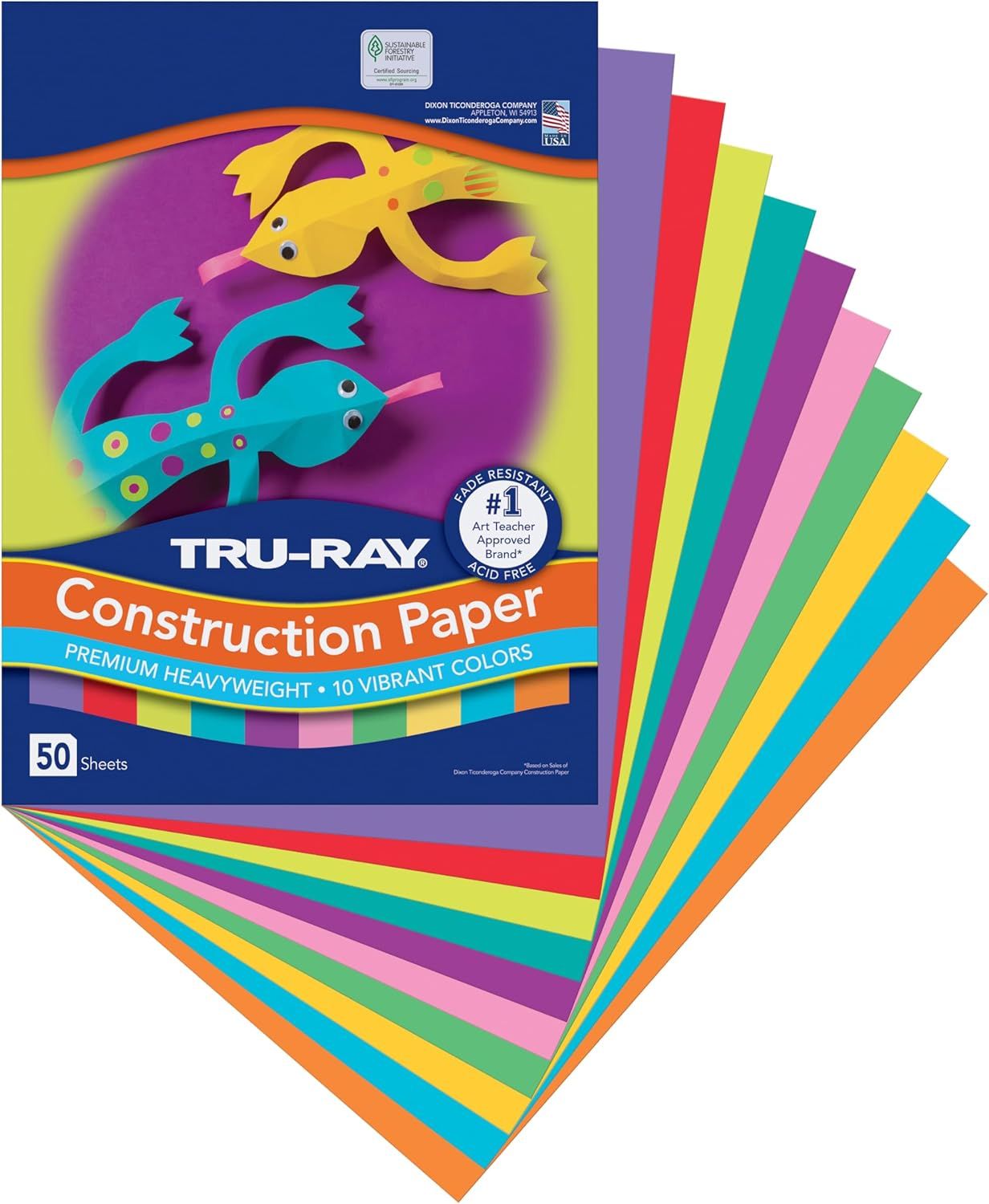 Shows the core product—a pack of colorful construction paper—clearly displaying both the packaging and the fanned-out sheets to communicate the variety of colors and quantity included. Displays the…