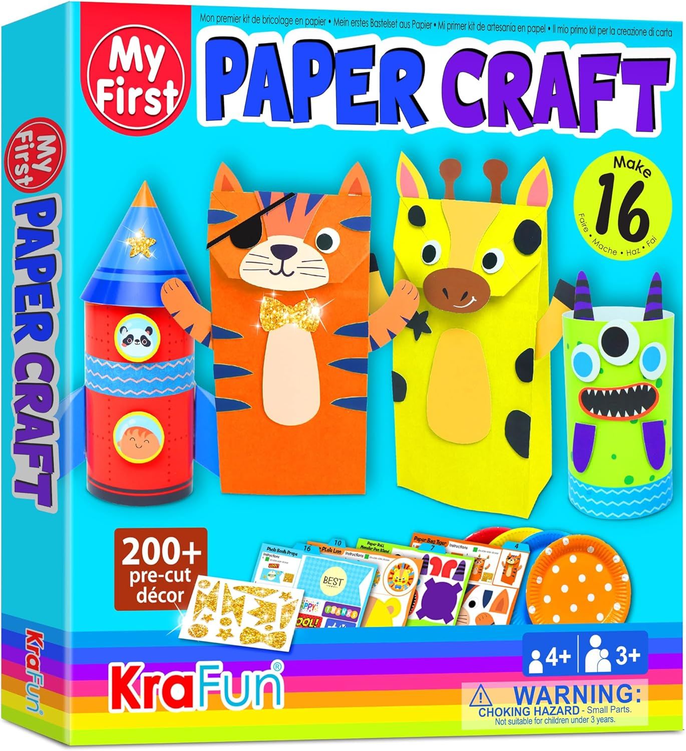 Shows the core product—a children's paper craft kit—with examples of finished projects (rocket, cat, giraffe, monster) to communicate what can be made and inspire purchase. Displays the physical…