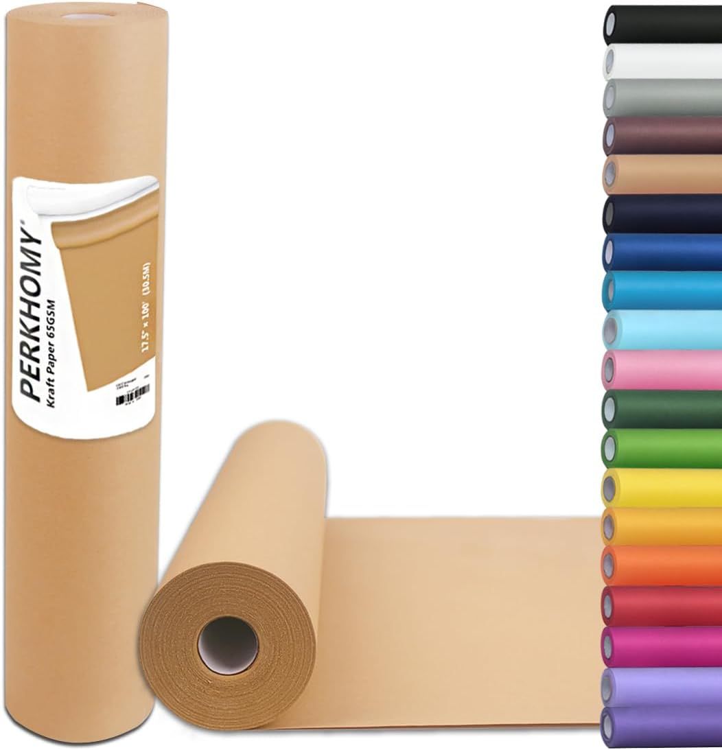 Shows the core product in multiple forms to communicate what the buyer receives and how the paper looks when rolled and unrolled. Displays the wide range of color choices available for the kraft…