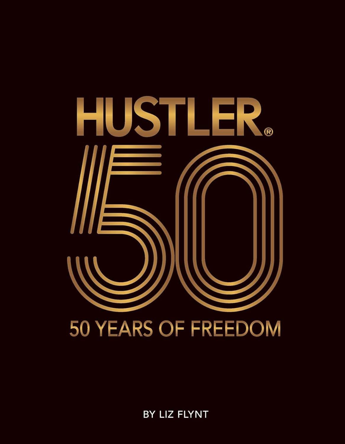 Displays the book cover celebrating Hustler magazine's 50th anniversary, communicating the product's commemorative nature and brand heritage to potential buyers. Uses a dark brown-black background…