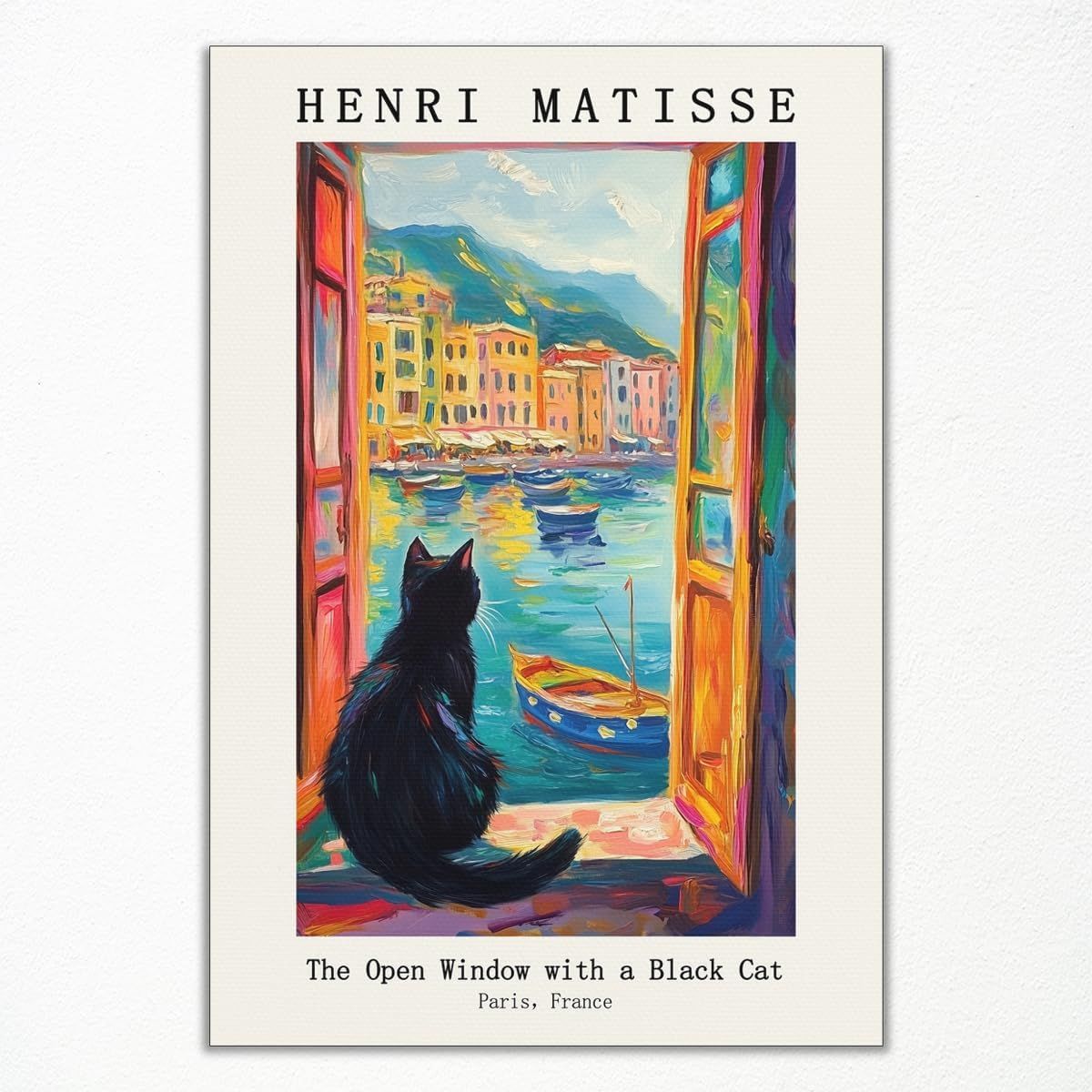 Displays the core sellable product, an art print poster featuring a colorful painting of a cat looking out a window at a Mediterranean harbor scene, clearly showing what the buyer will receive.