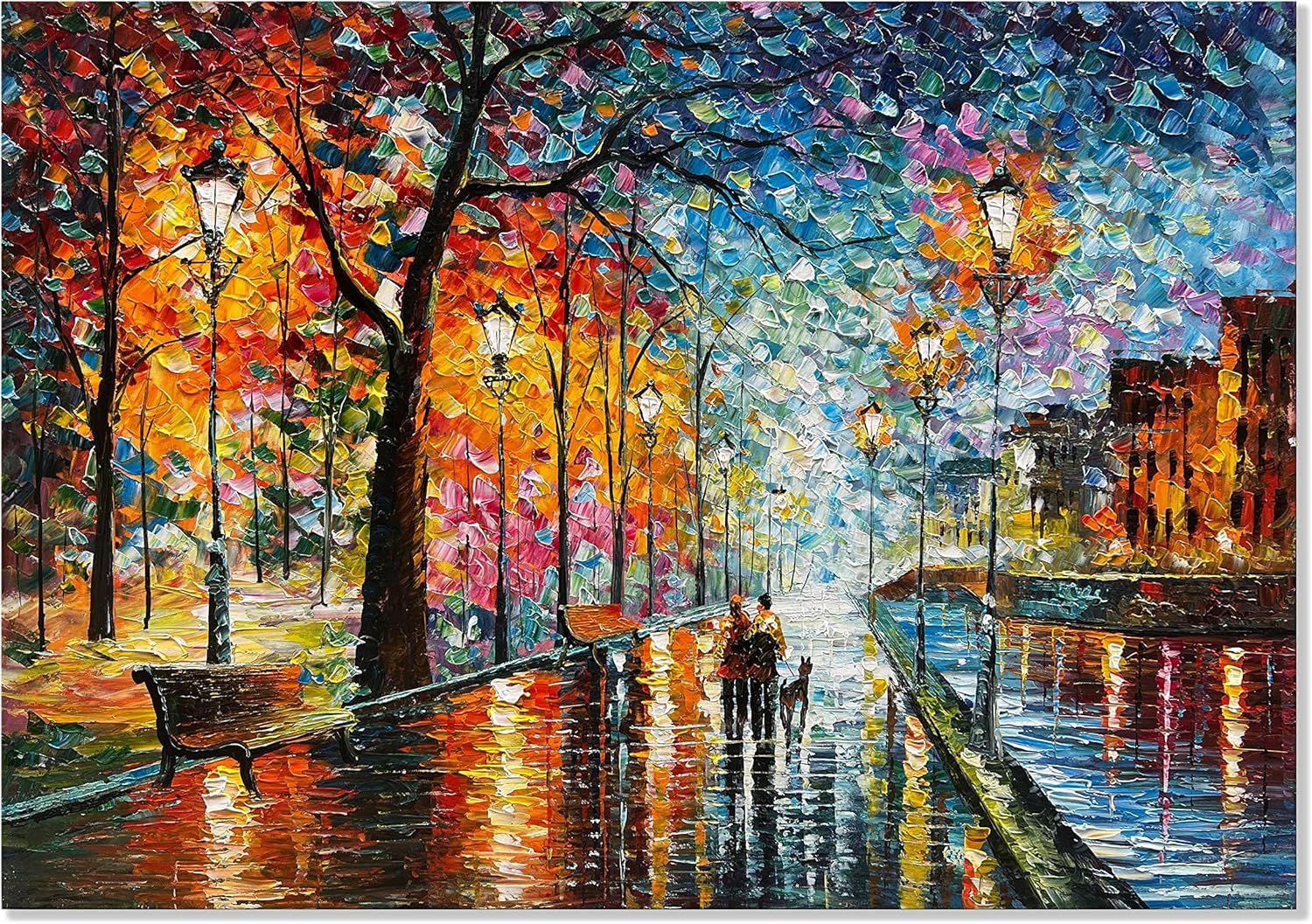 Showcases the core product, a colorful textured oil painting of an autumn park scene, displaying the artwork's vivid colors, thick impasto technique, and artistic composition to help shoppers…