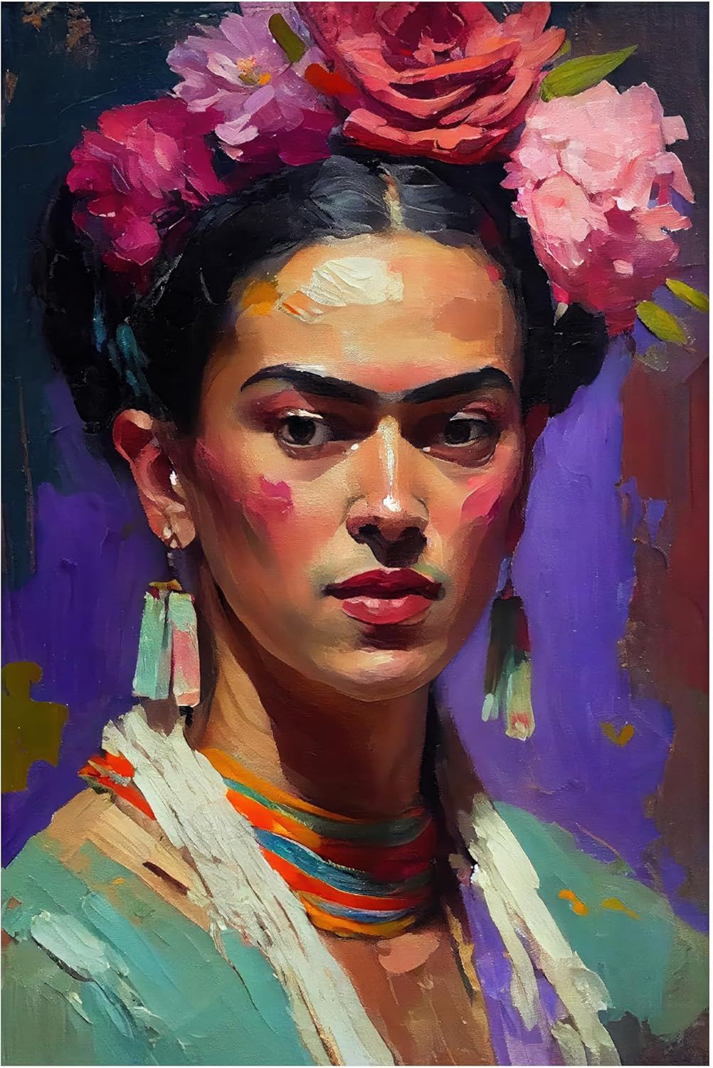 Displays the core sellable product, which is a colorful portrait painting featuring bold brushwork and vibrant floral elements, allowing shoppers to see the artwork they would receive.