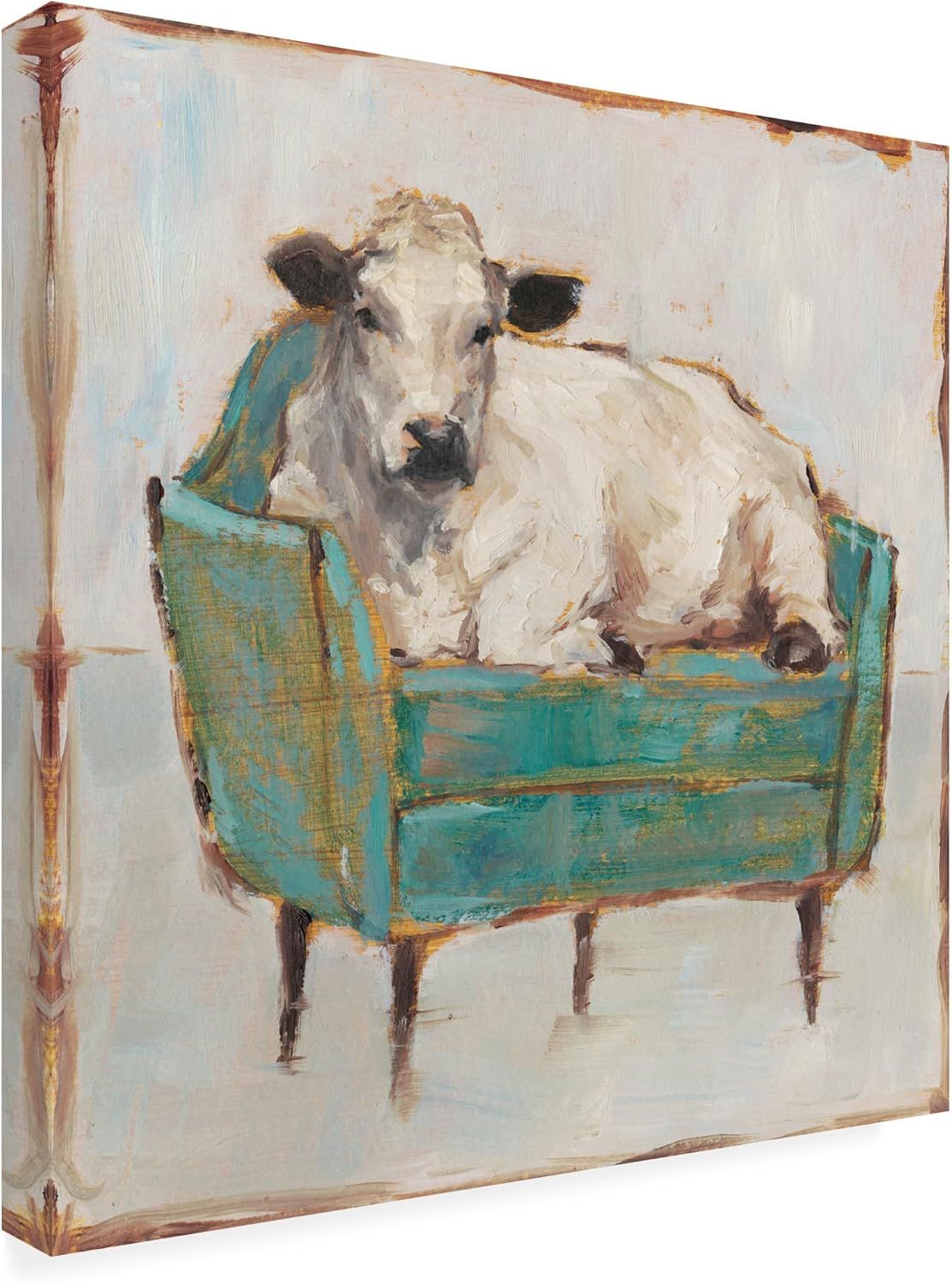 This appears to be a decorative canvas art print featuring a whimsical painting of a cow sitting in a chair, intended as home decor rather than a traditional product catalog image.