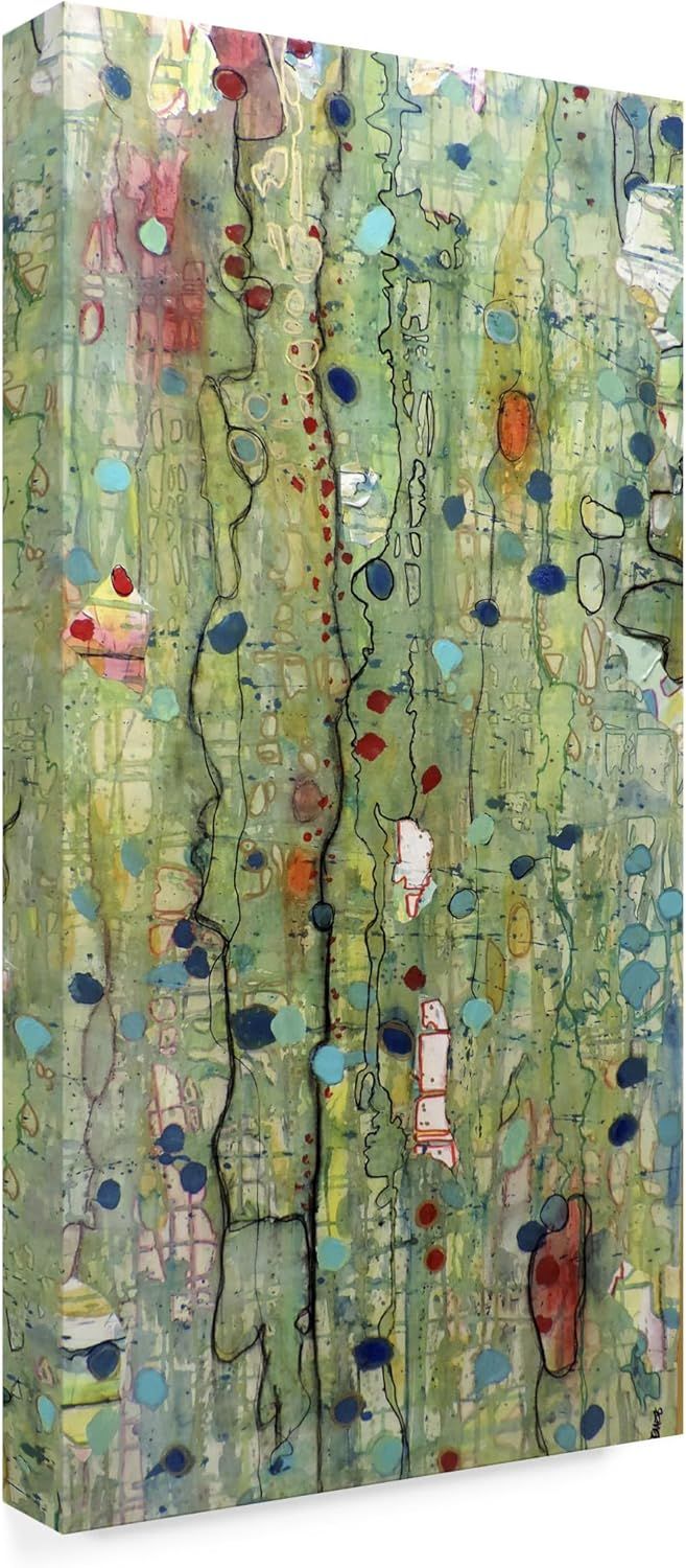 Displays the core sellable product, an abstract canvas wall art piece with colorful dots and lines on a green background, allowing shoppers to see the artwork's design and gallery-wrapped canvas…