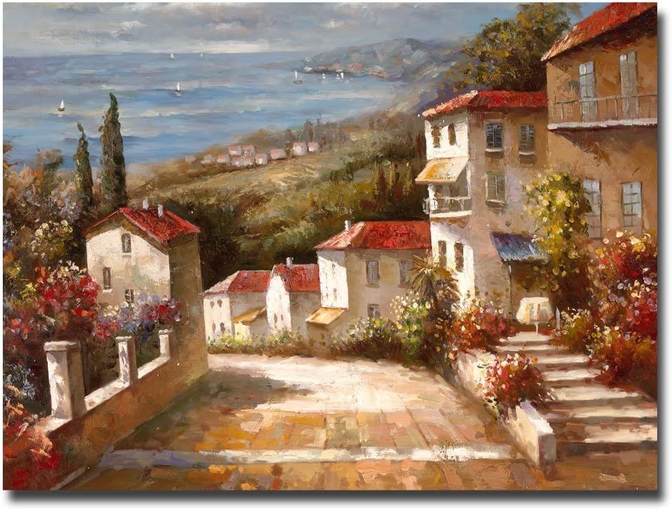 Displays the core product, a decorative canvas painting of a Mediterranean coastal village scene, allowing shoppers to see the artwork's style, colors, and subject matter.