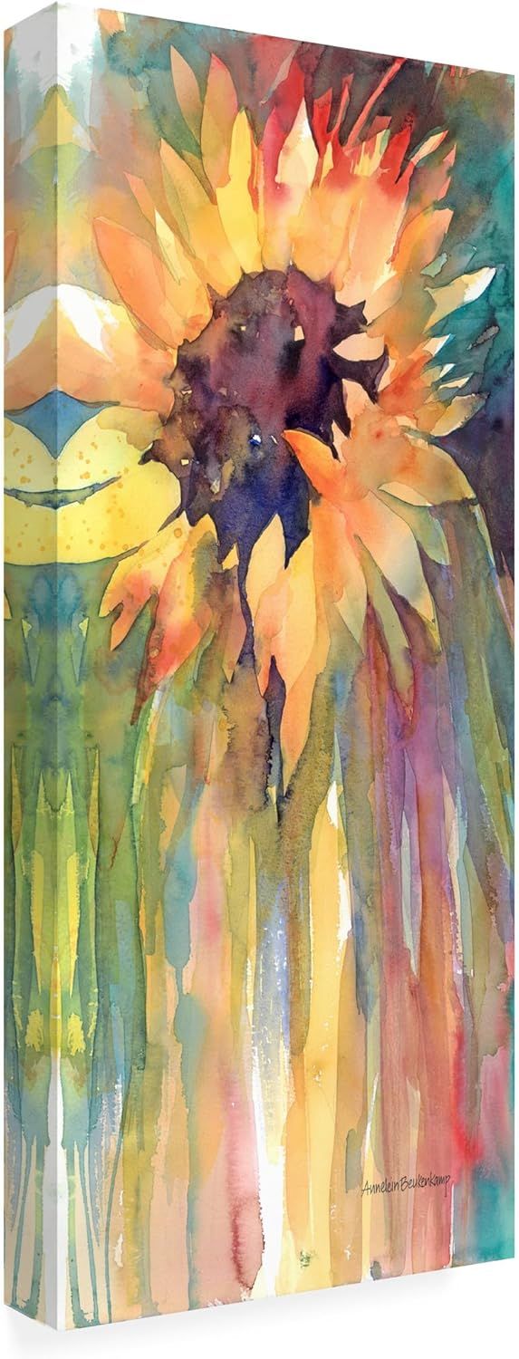 Displays the core sellable product, a watercolor sunflower canvas print, showing the artwork's vibrant colors and artistic style to help shoppers visualize the piece in their space.