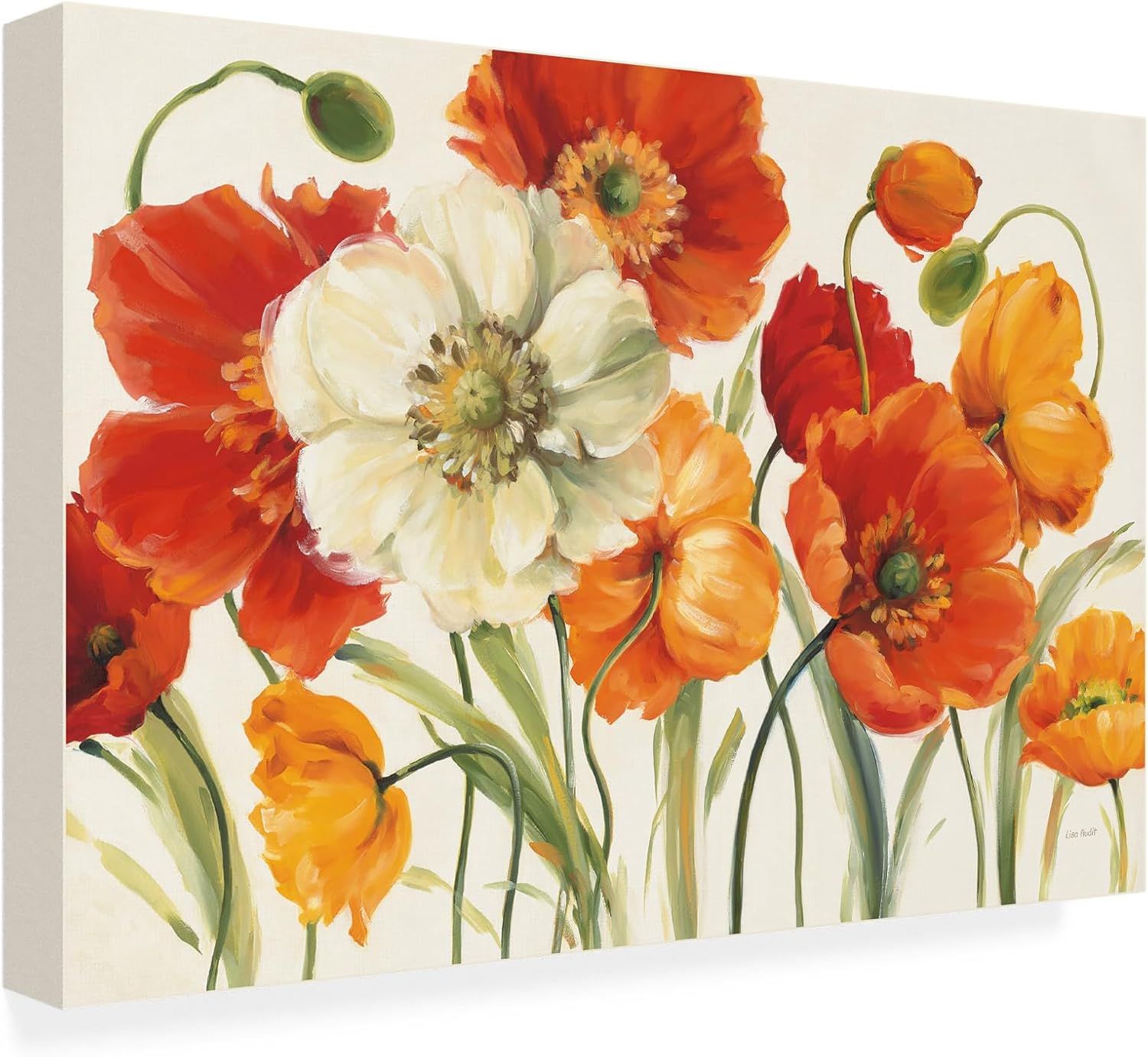 Shows the core sellable product, a canvas wall art print featuring vibrant poppy flowers, displayed at an angle to reveal the gallery-wrapped edges and give shoppers a clear view of what they will…