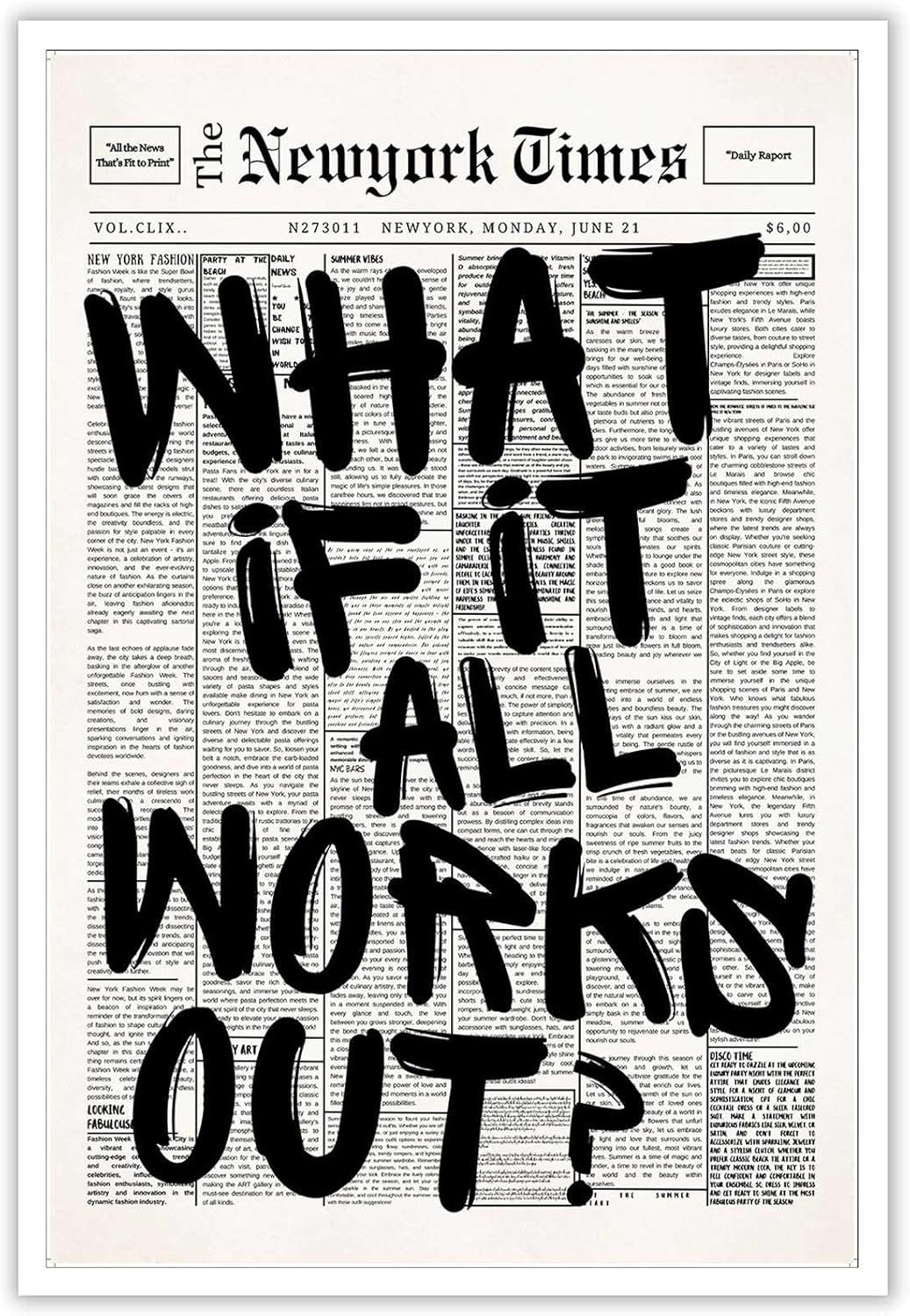 Displays the core product, which appears to be a decorative art print featuring bold text overlaid on a newspaper background, showing shoppers exactly what they will receive.