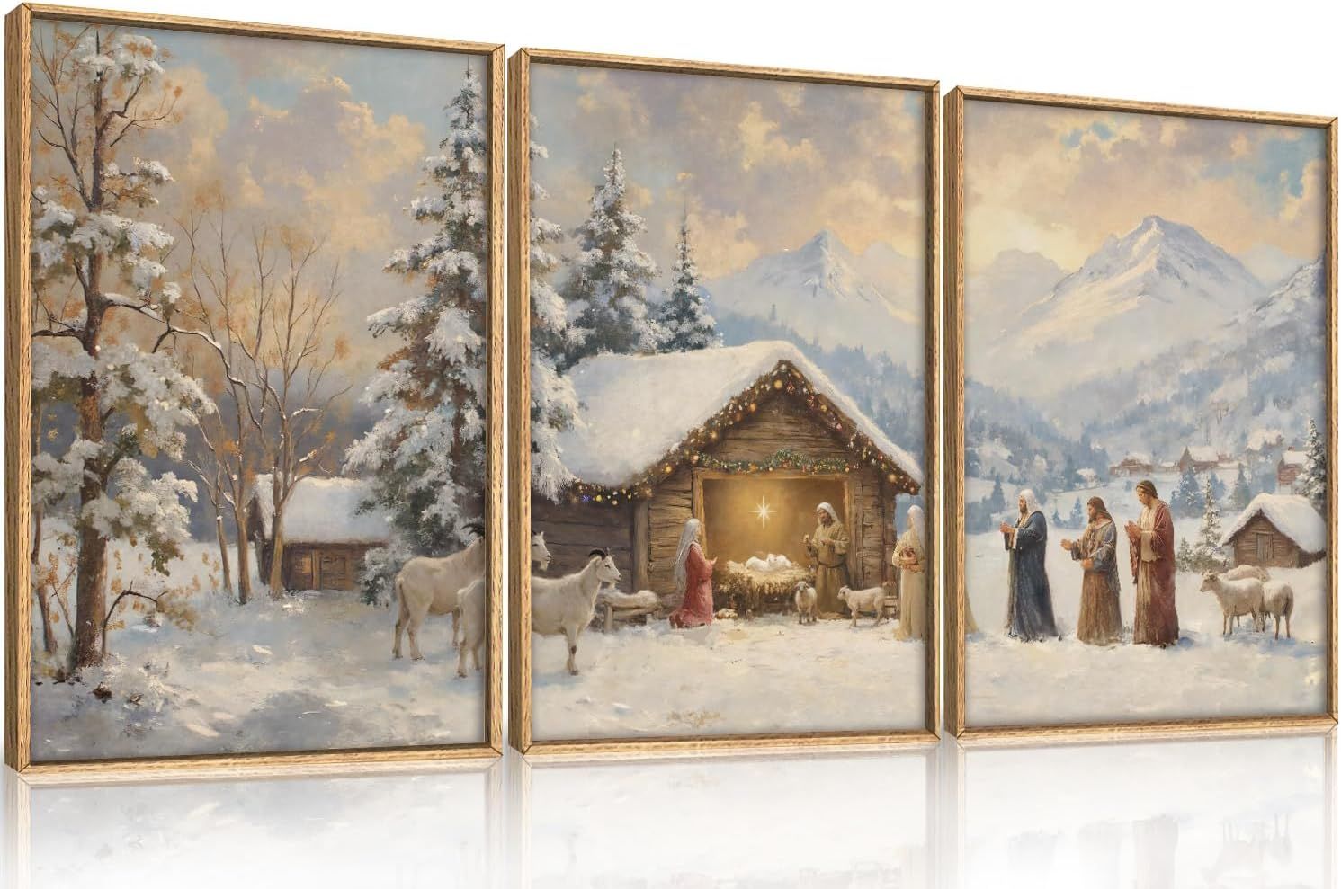 Displays the core product, a three-panel framed nativity scene triptych, showing the complete set with winter landscape scenes and religious imagery to communicate what the buyer receives. Uses a…