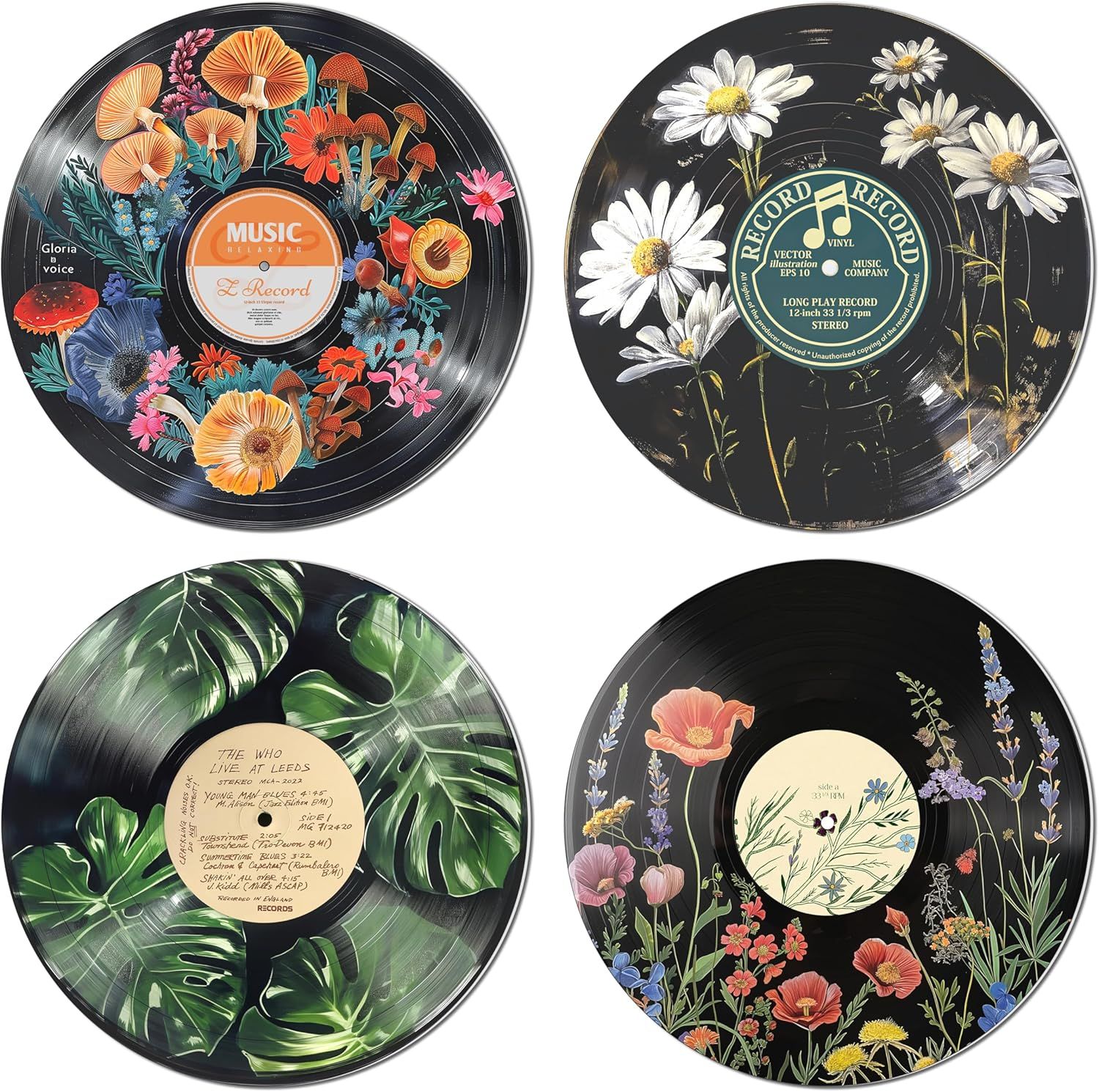 Displays four decorative vinyl records with floral and botanical artwork to showcase the artistic design variations available to shoppers. Shows multiple design variations of the decorative vinyl…