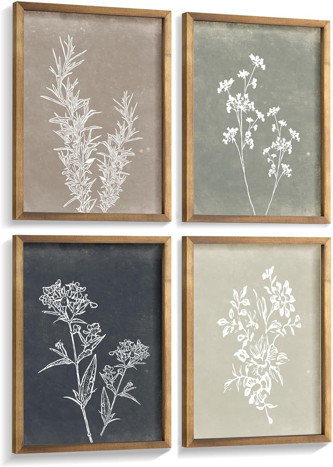 Shows the core sellable product—a set of four framed botanical art prints with white floral designs on varied neutral backgrounds—allowing shoppers to see exactly what they will receive. Displays…