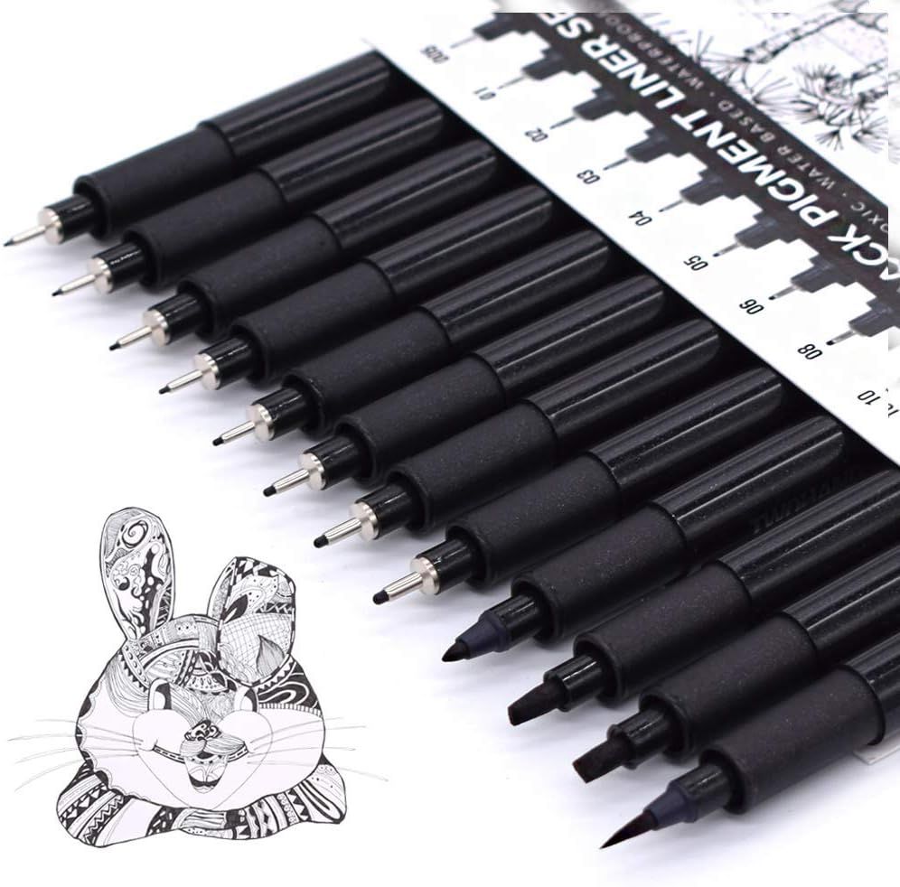 Displays the complete set of black fineliner pens with varying tip sizes to show the range of line widths available for detailed drawing and illustration work. Demonstrates the pens in use by…