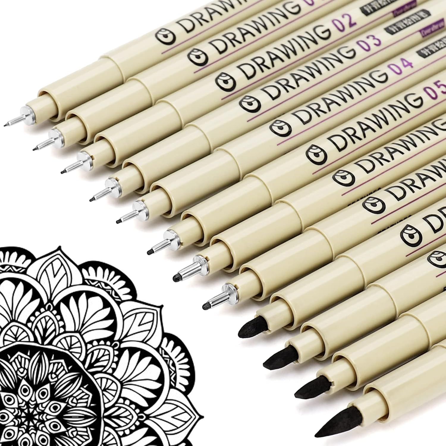 Shows the core product set of drawing pens with different tip sizes clearly labeled and numbered, allowing shoppers to see the variety included in the set and understand the range of line widths…